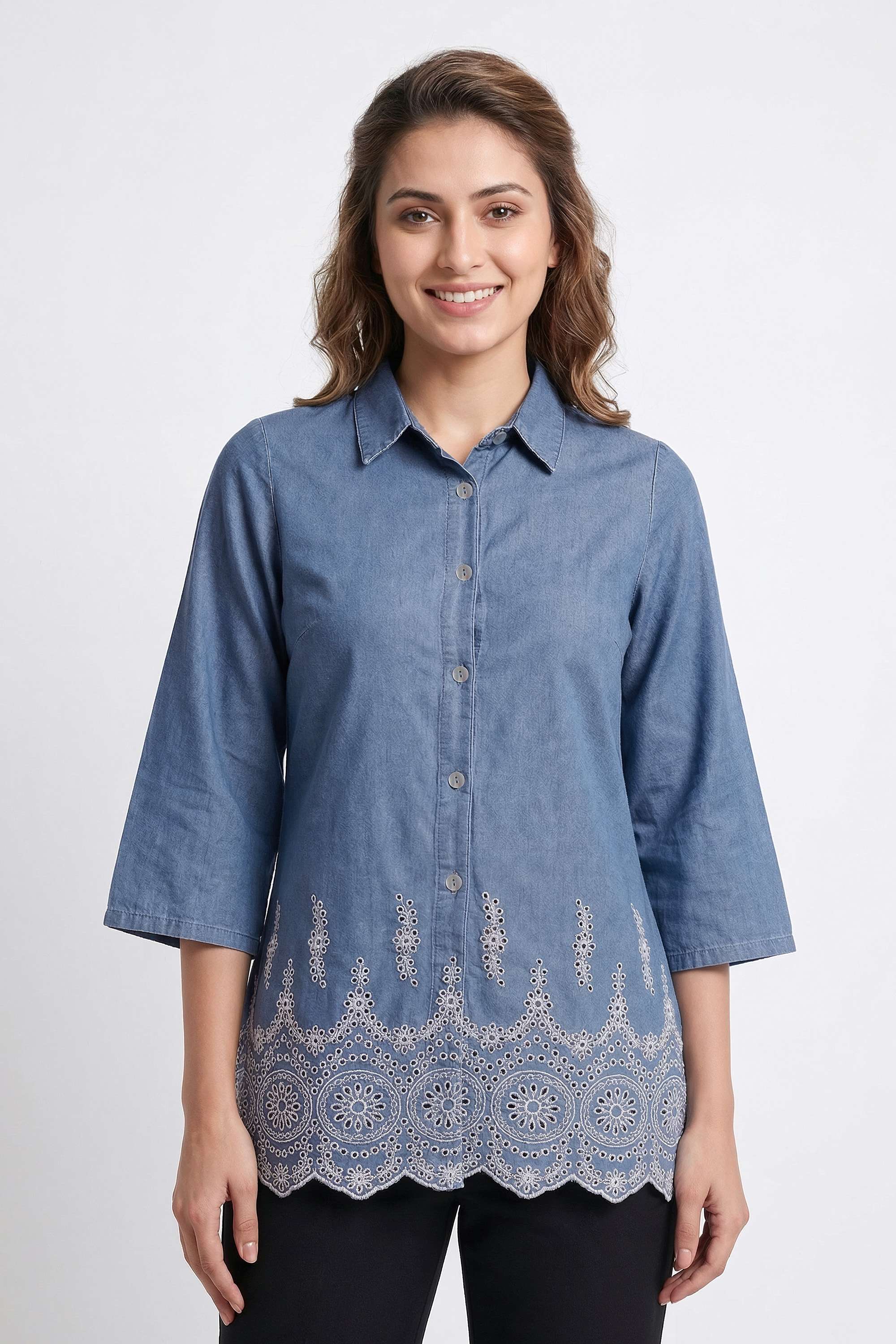 Solid-Denim-Collared-Women-s-Tunic