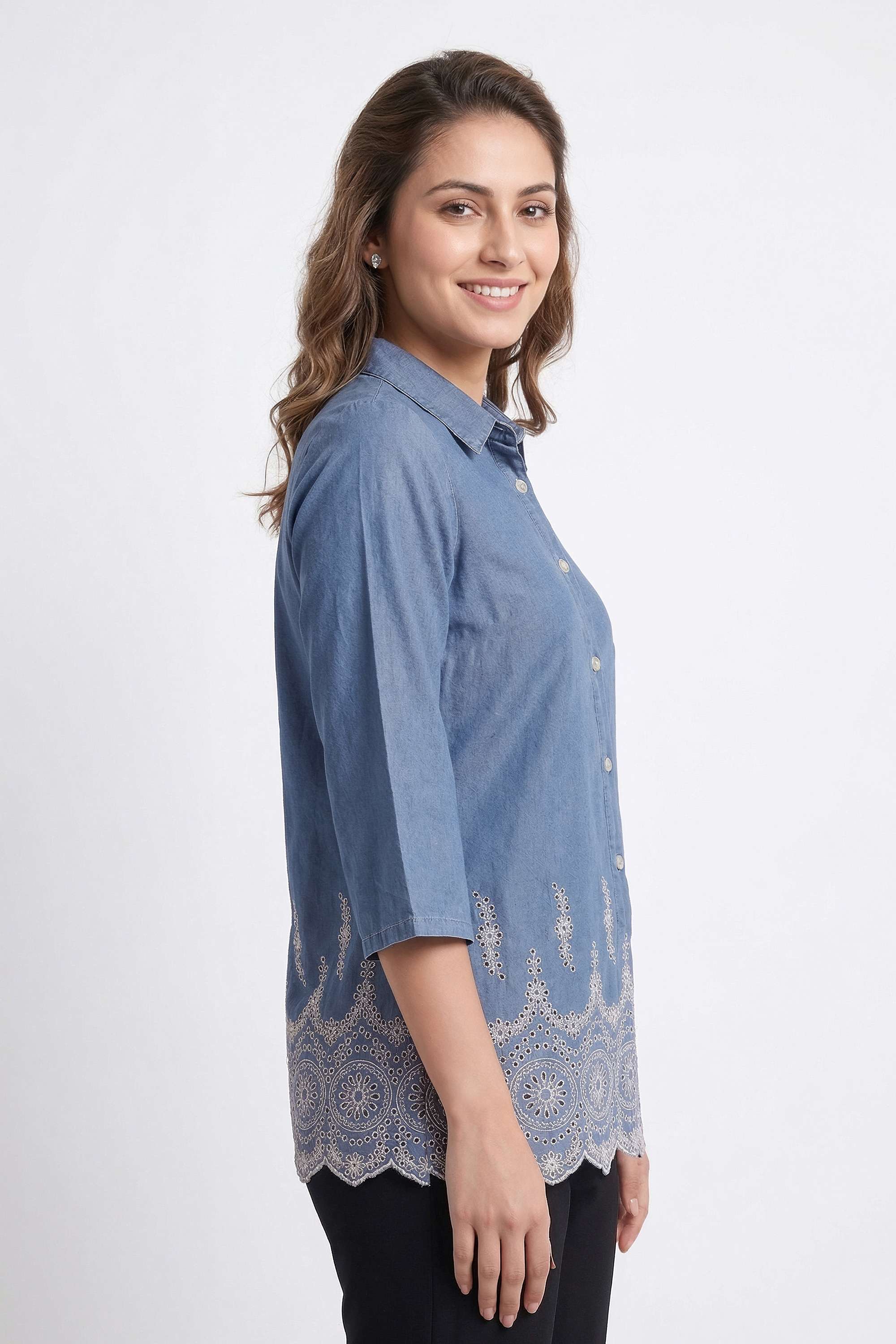 Solid-Denim-Collared-Women-s-Tunic