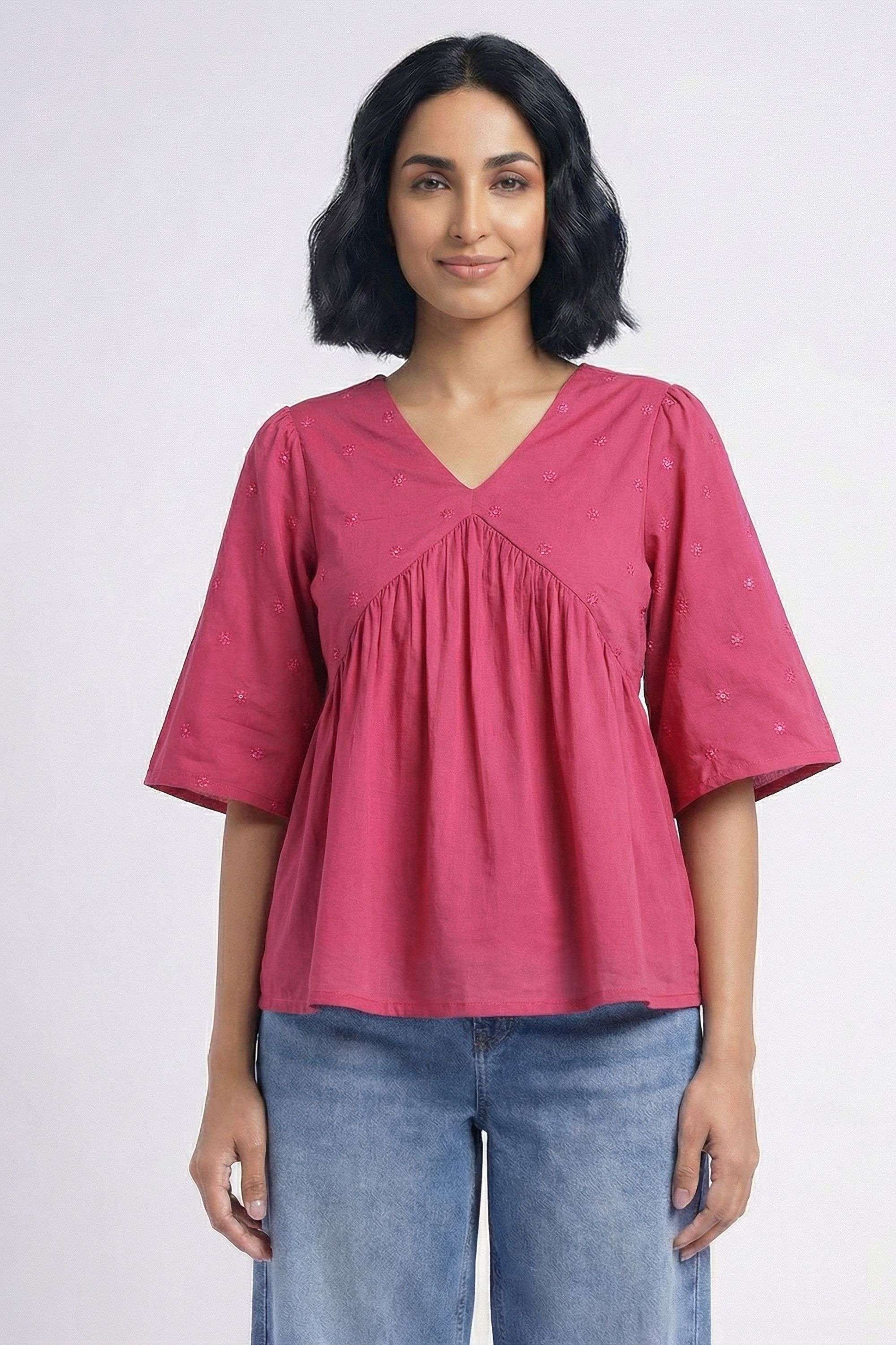 Embroidered-Blended-Fabric-V-Neck-Women-s-Tunic