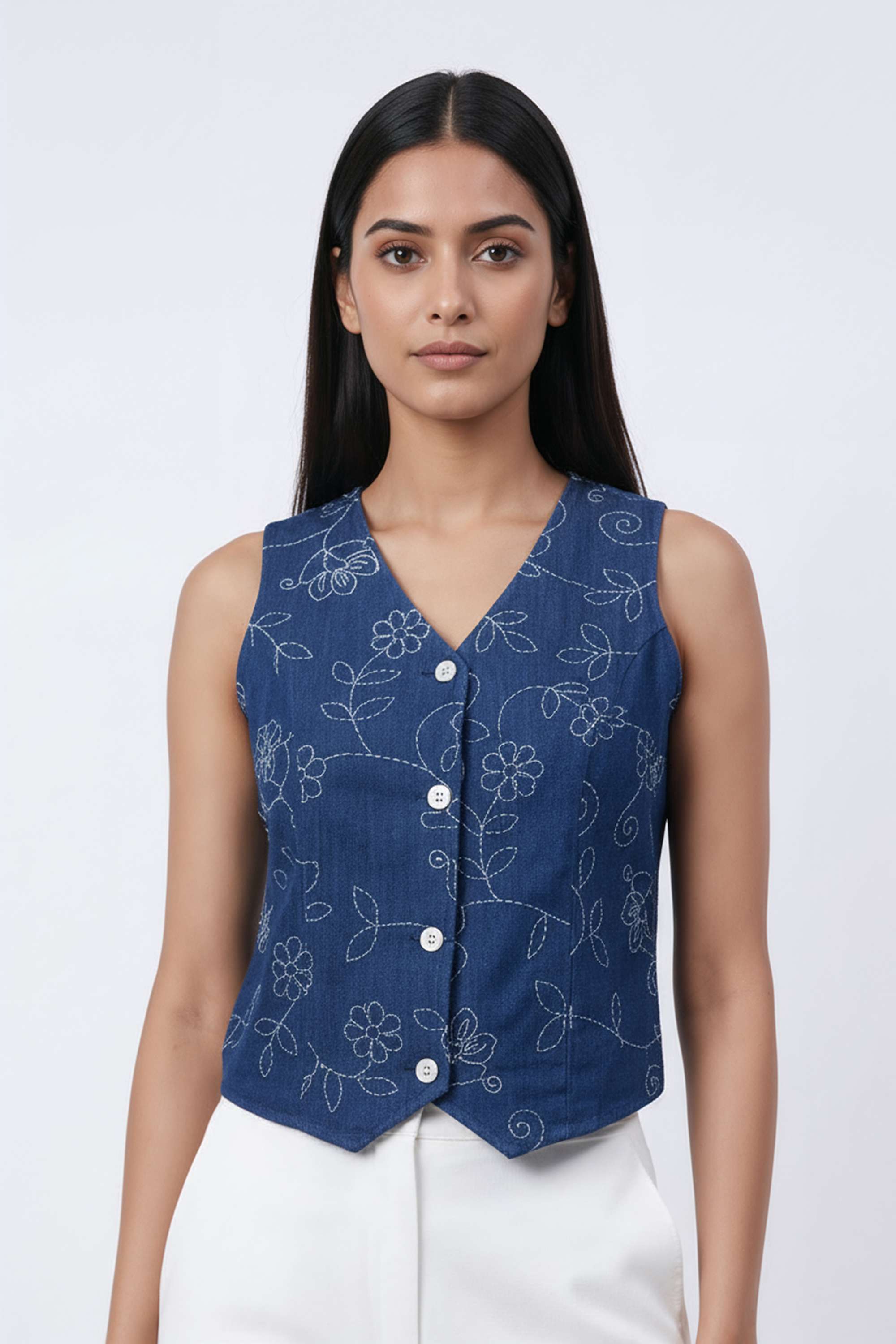 Printed-Denim-V-Neck-Women-s-Tunic