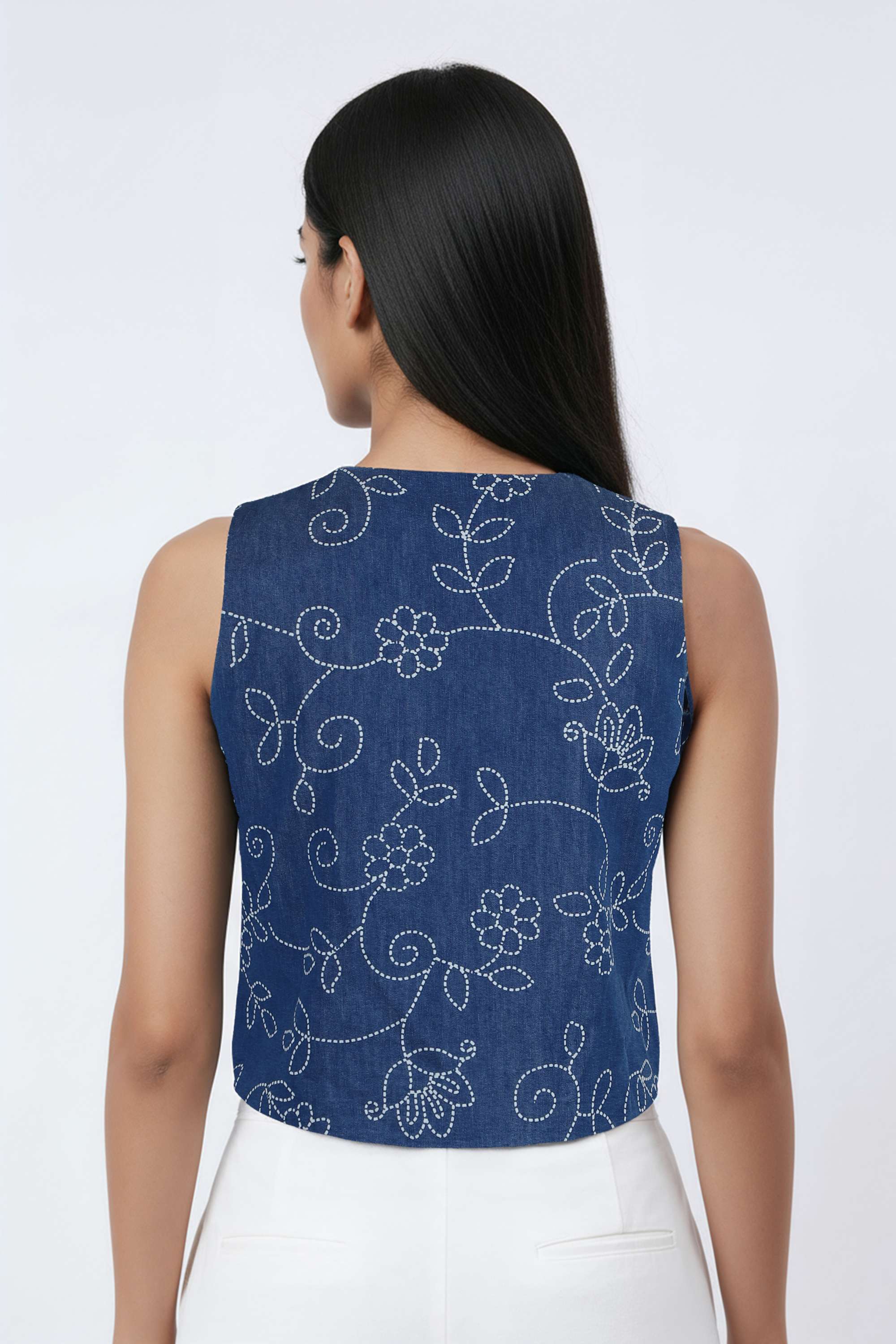 Printed-Denim-V-Neck-Women-s-Tunic