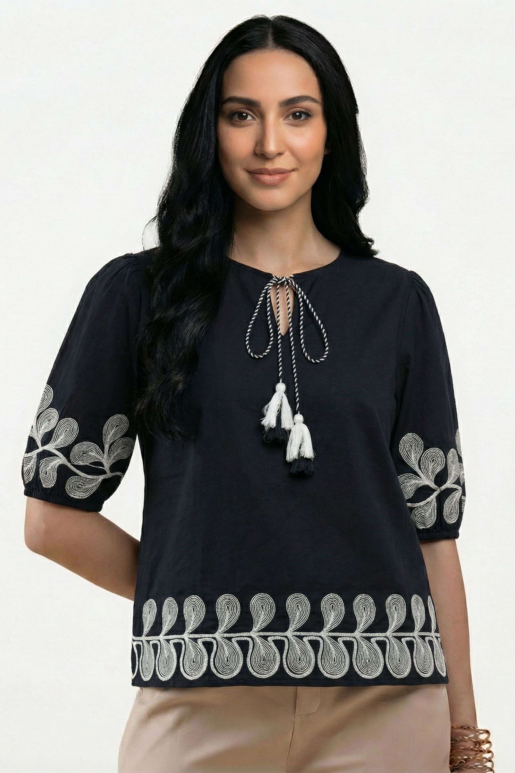 Embroidered-Blended-Fabric-Tie-Up-Neck-Women-s-Tunic