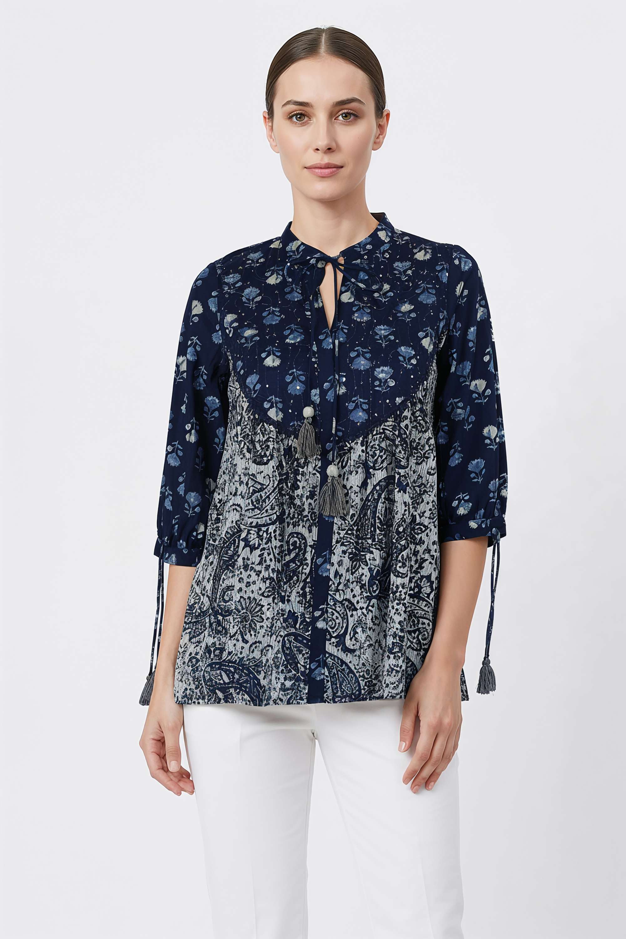 Printed-Blended-Fabric-Y-Neck-Women-s-Tunic
