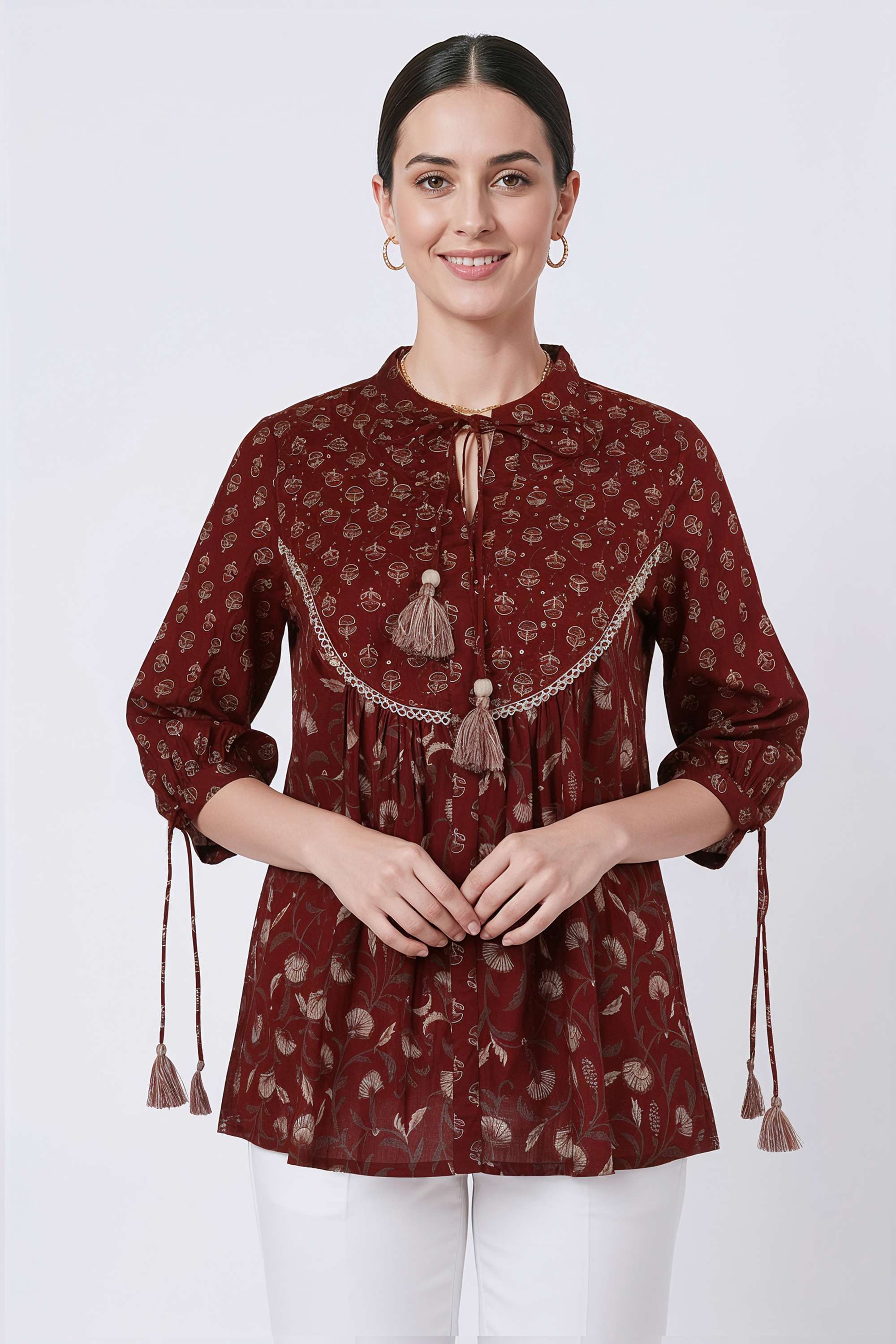 Printed-Blended-Fabric-Y-Neck-Women-s-Tunic
