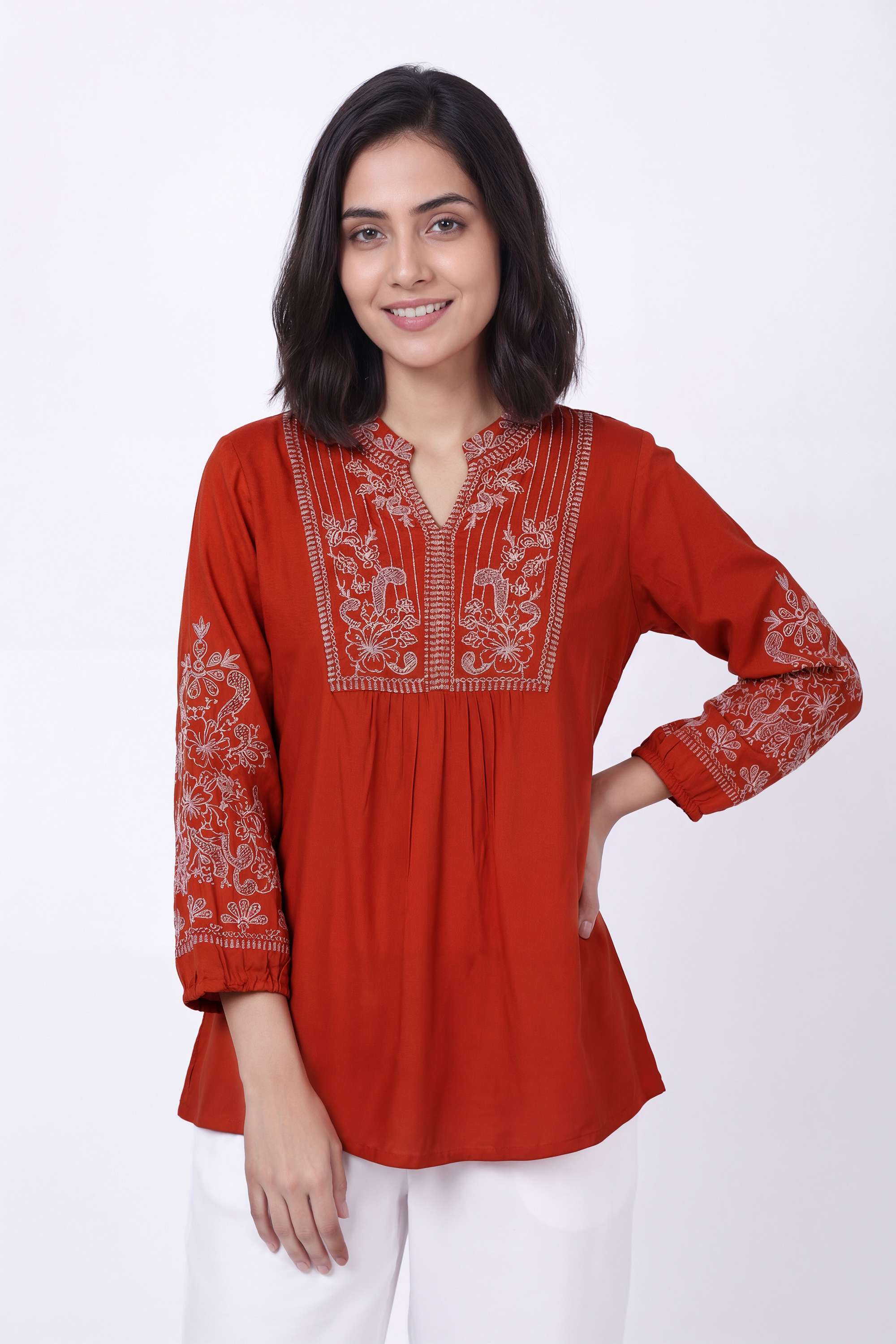 Solid-Rayon-Y-Neck-Women-s-Tunic