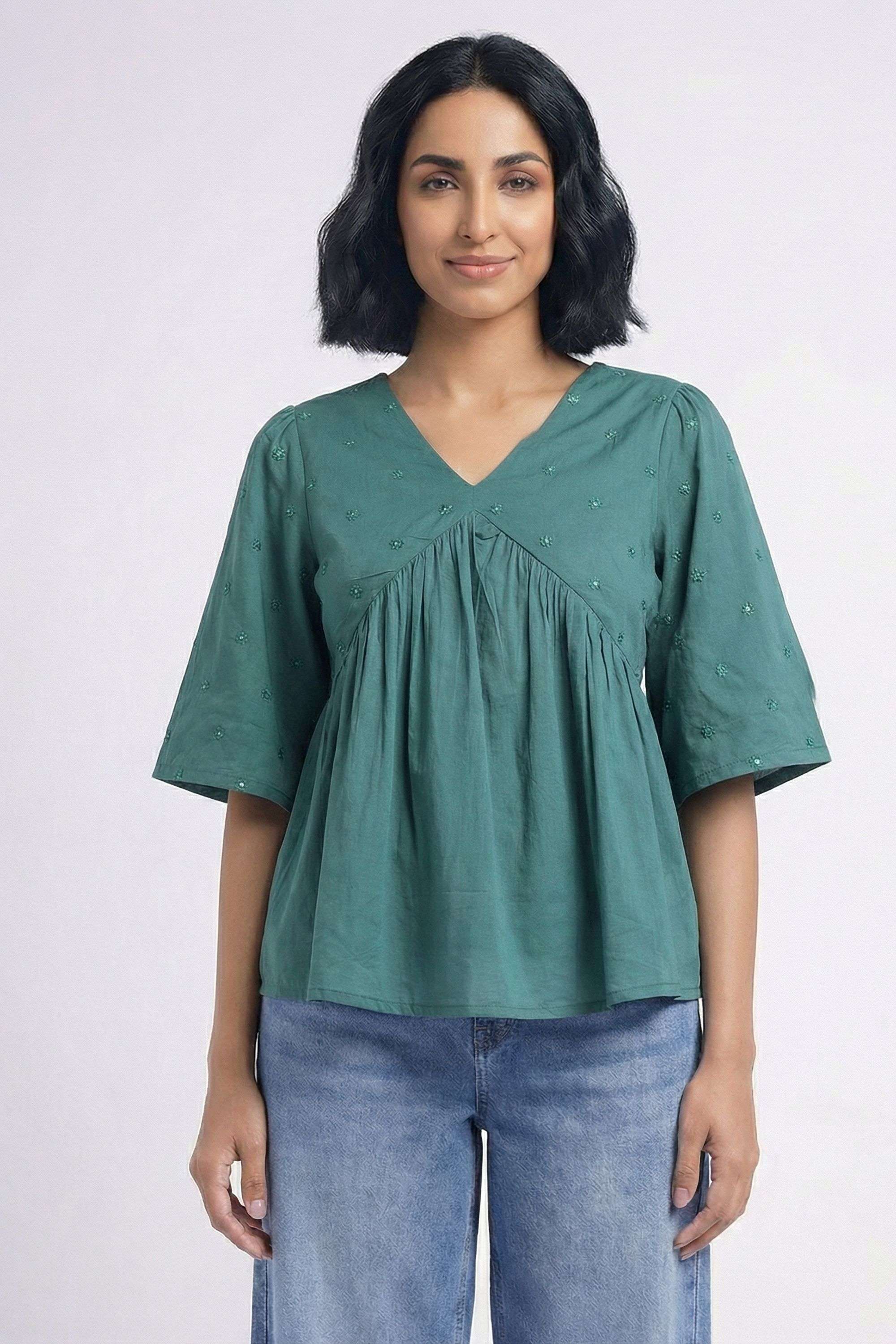 Embroidered-Blended-Fabric-V-Neck-Women-s-Tunic