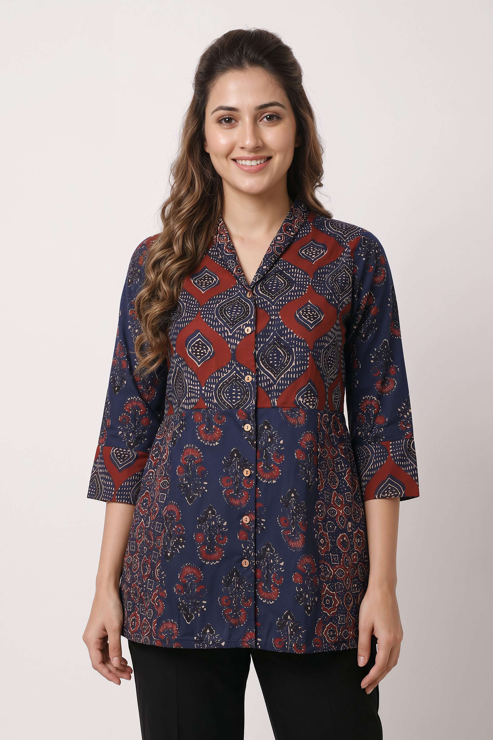 Solid-Blended-Fabric-Collared-Women-s-Tunic