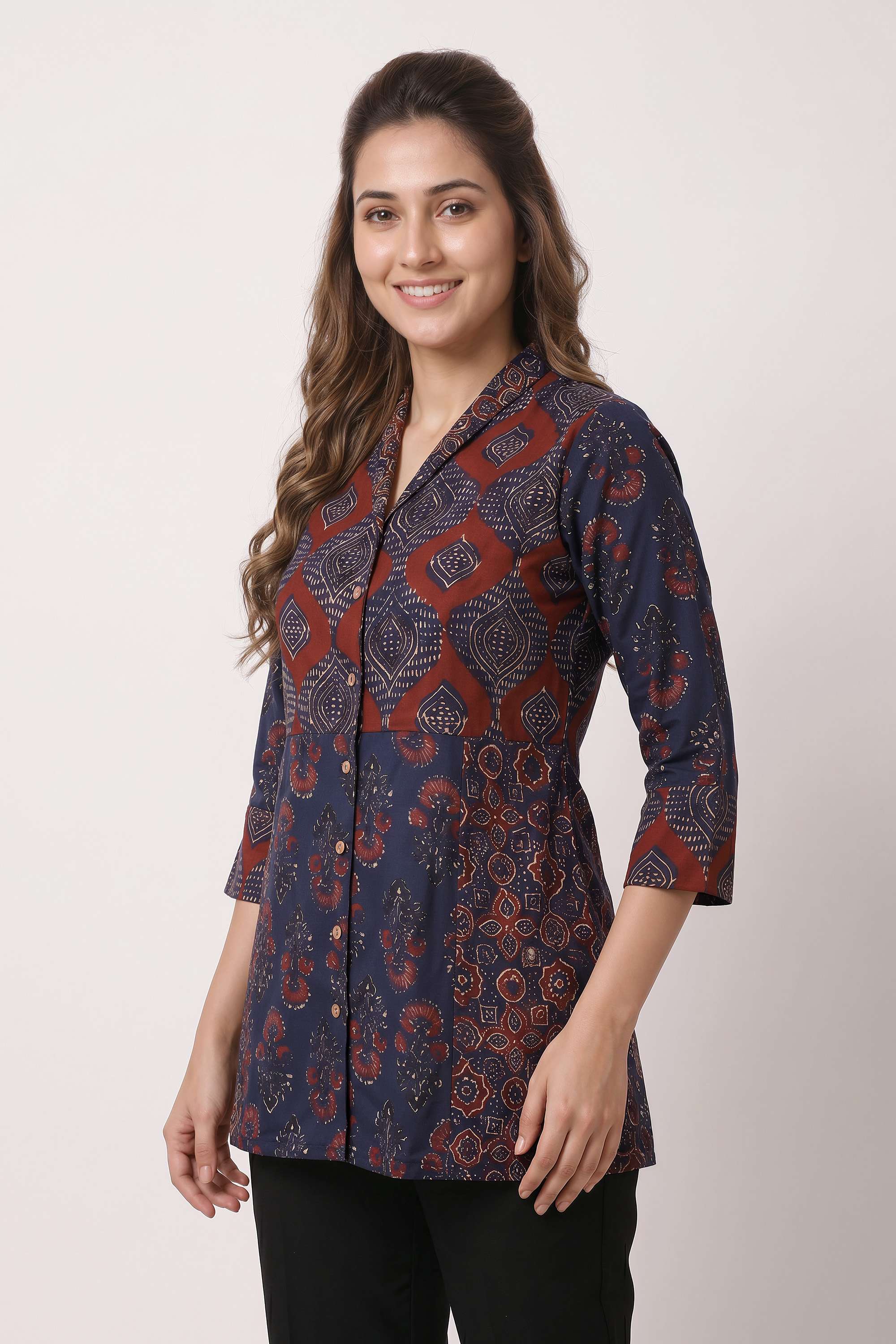Solid-Blended-Fabric-Collared-Women-s-Tunic