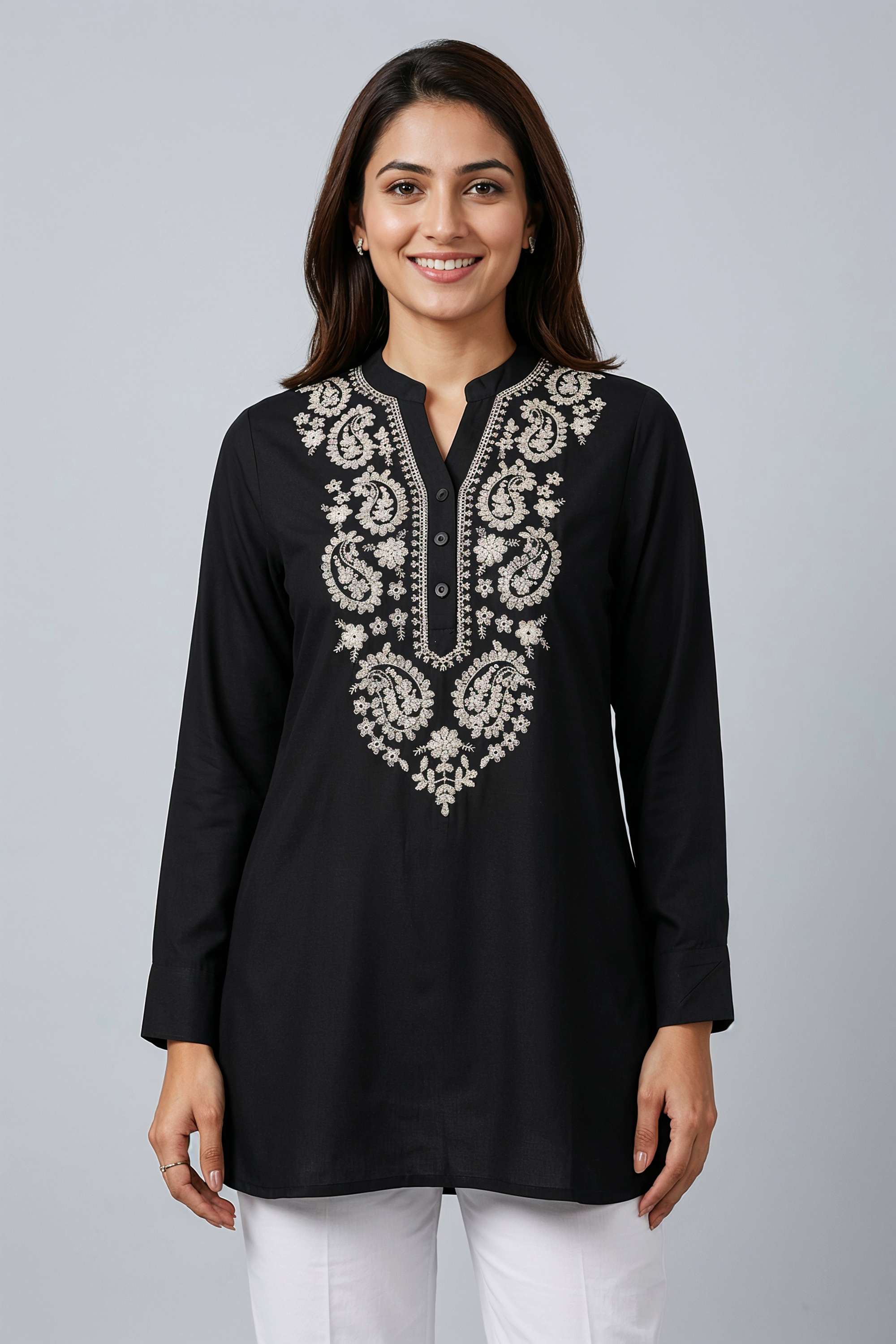 Solid-Viscose-Collared-Women-s-Tunic