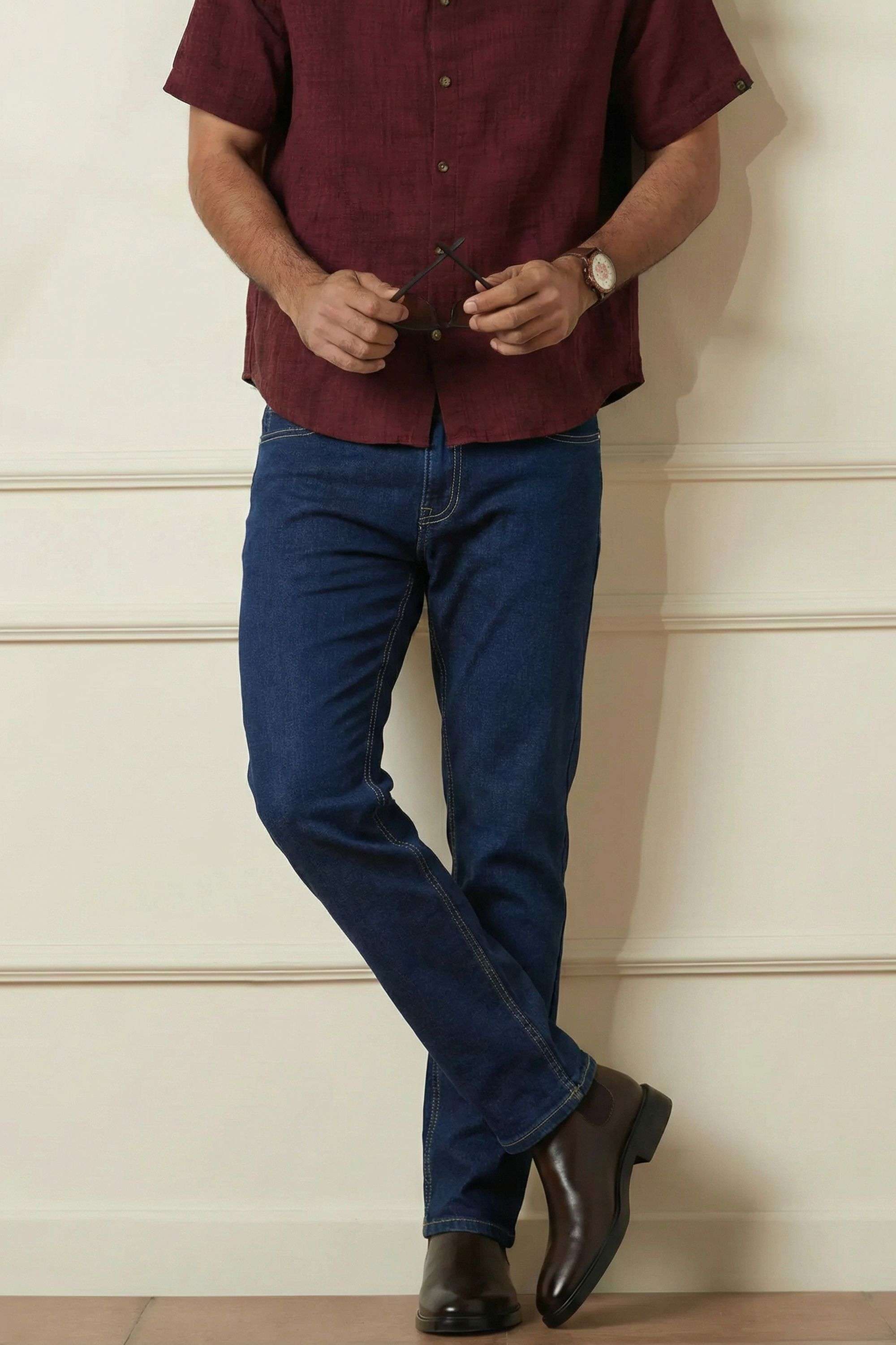 Dark-Wash-Blended-Fabric-Slim-Fit-Men-Jeans