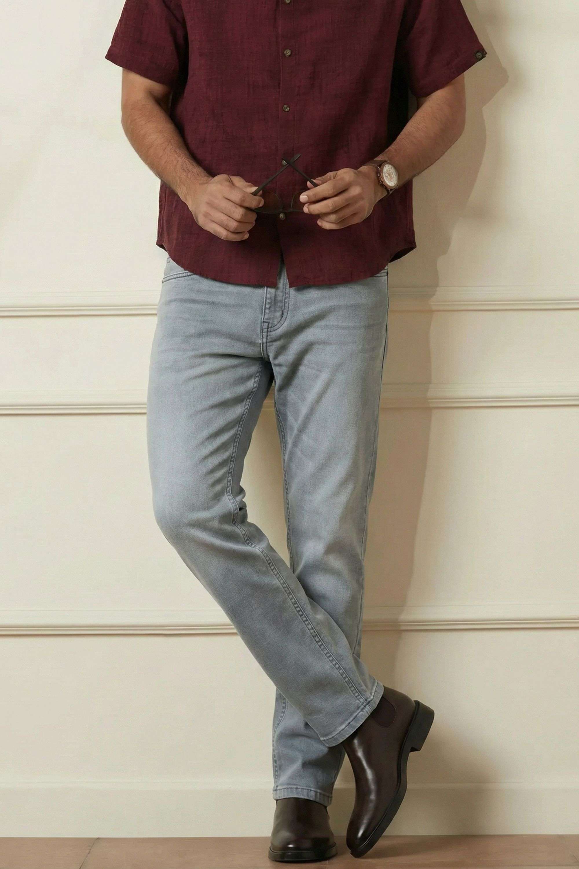 Light-Wash-Blended-Fabric-Slim-Fit-Men-Jeans