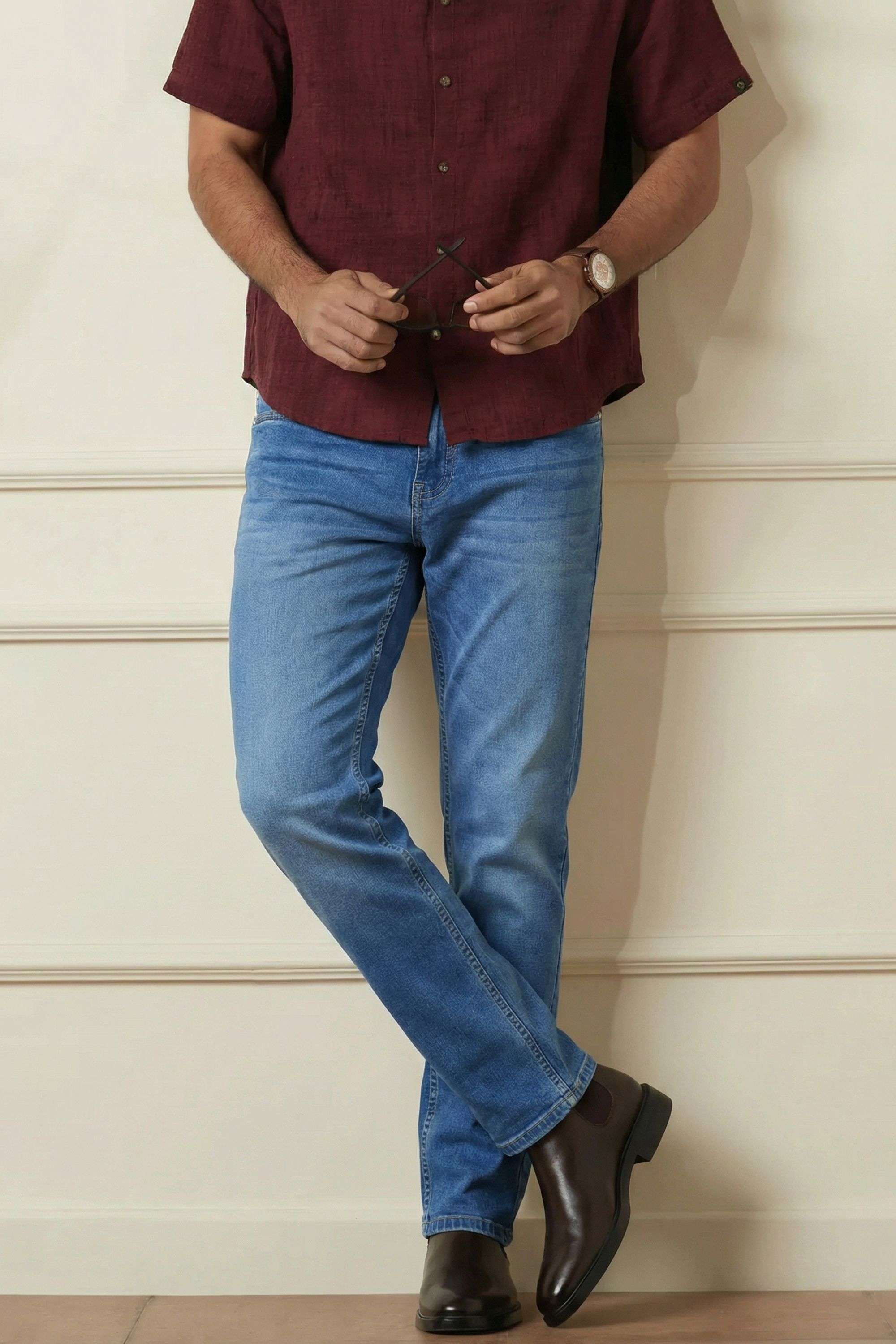 Light-Wash-Blended-Fabric-Slim-Fit-Men-Jeans