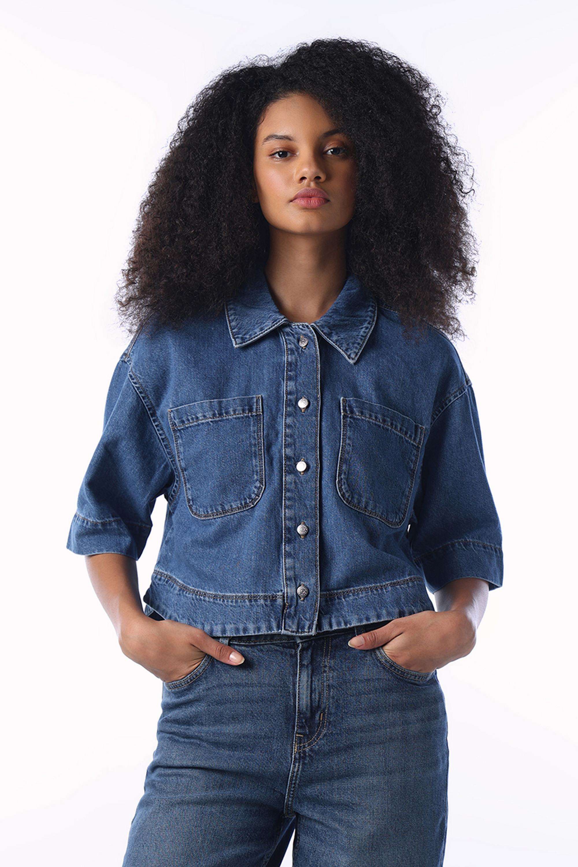 Solid-Spread-Collar-Cotton-Women-s-Casual-Wear-Shirt
