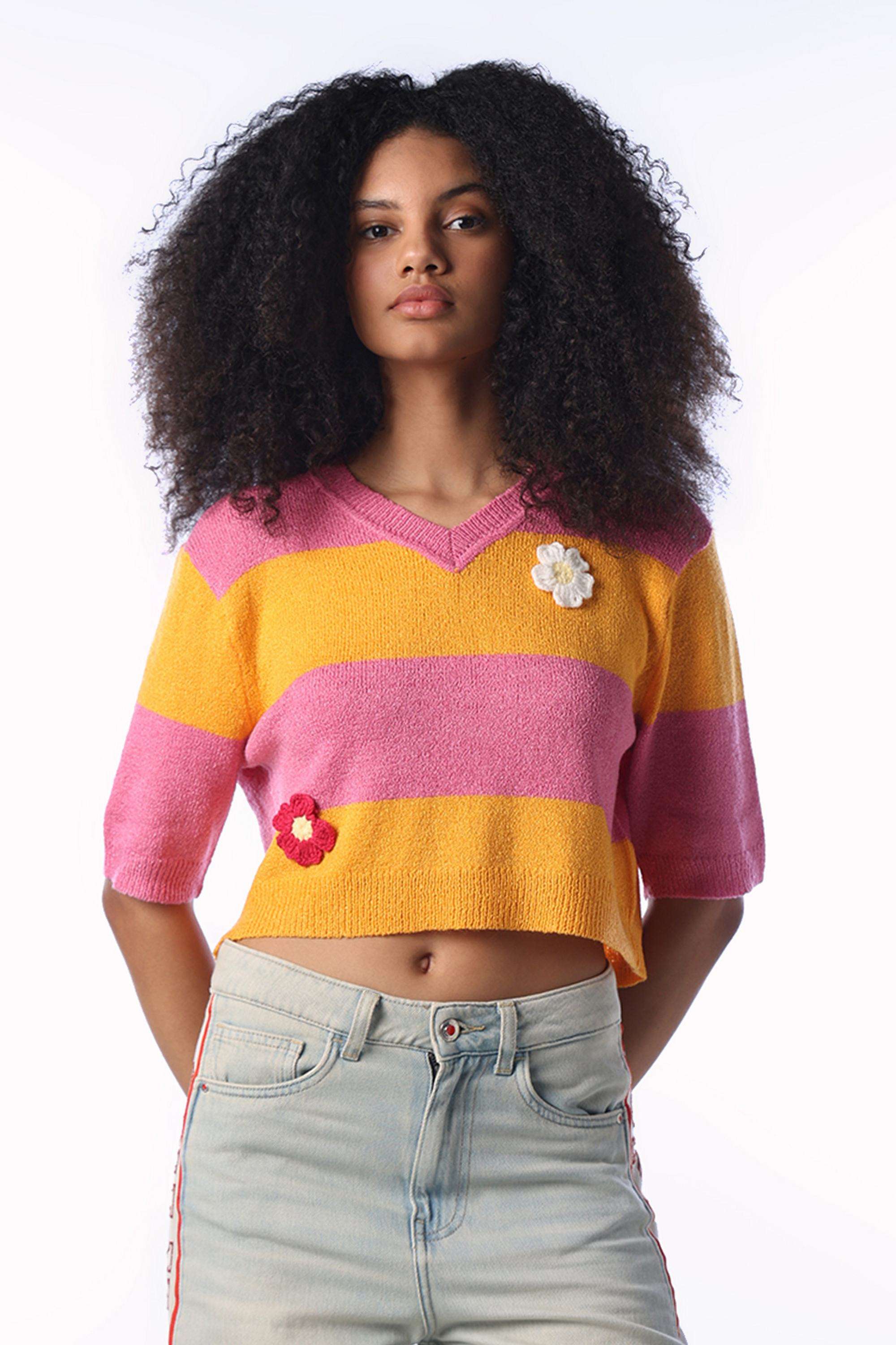 Color-Block-Acrylic-V-Neck-Women-s-Top