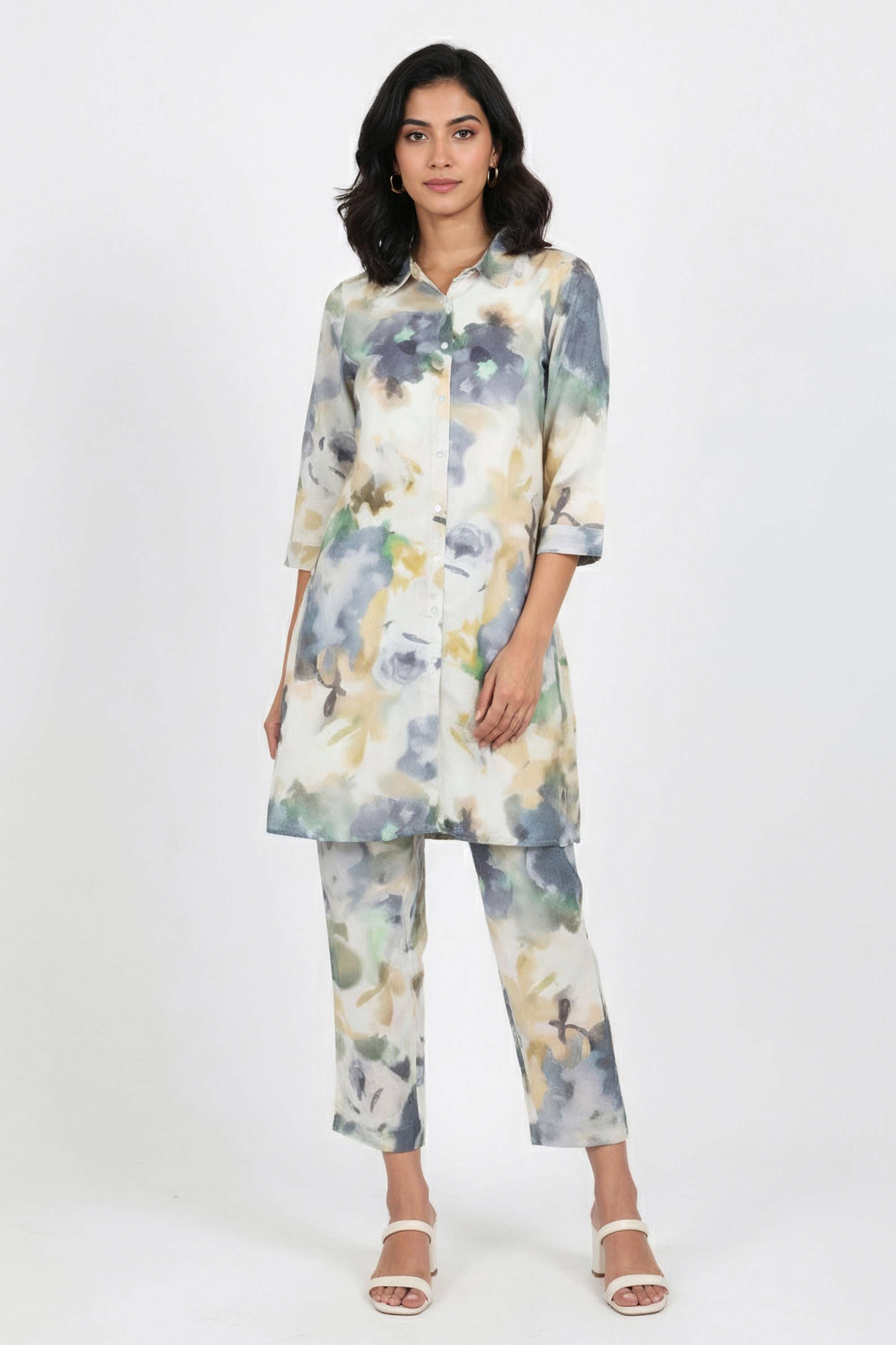 Printed-Collared-Blended-Fabric-Women-s-Co-Ord-Set