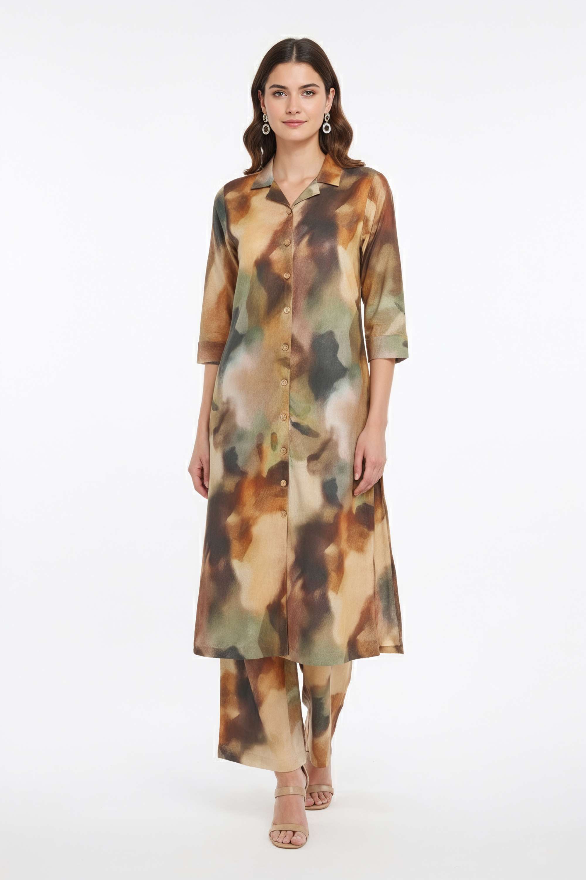 Printed-Collared-Blended-Fabric-Women-s-Co-Ord-Set