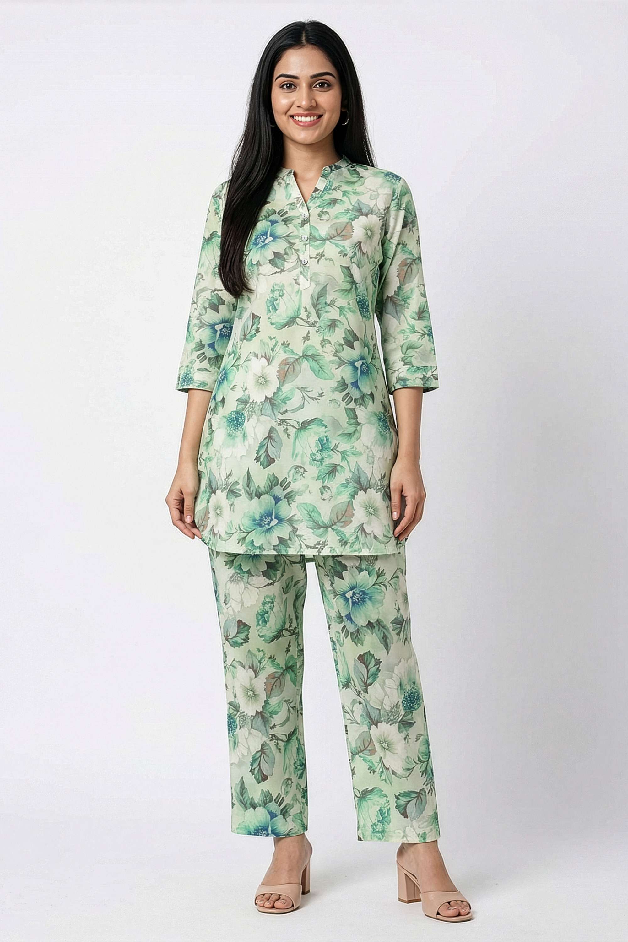 Floral-Henley-Blended-Fabric-Women-s-Co-Ord-Set