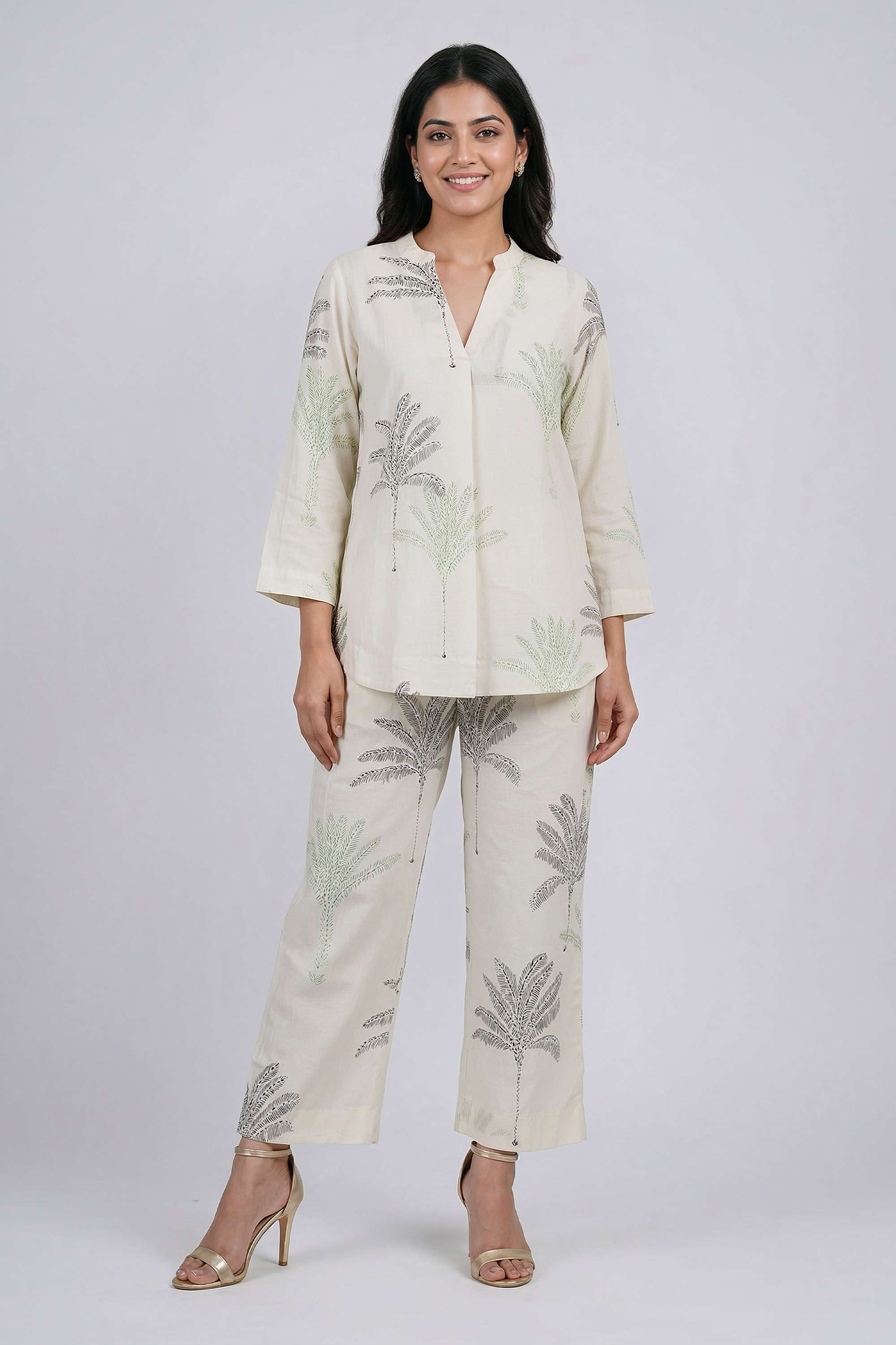 Printed-V-Neck-Blended-Fabric-Women-s-Co-Ord-Set