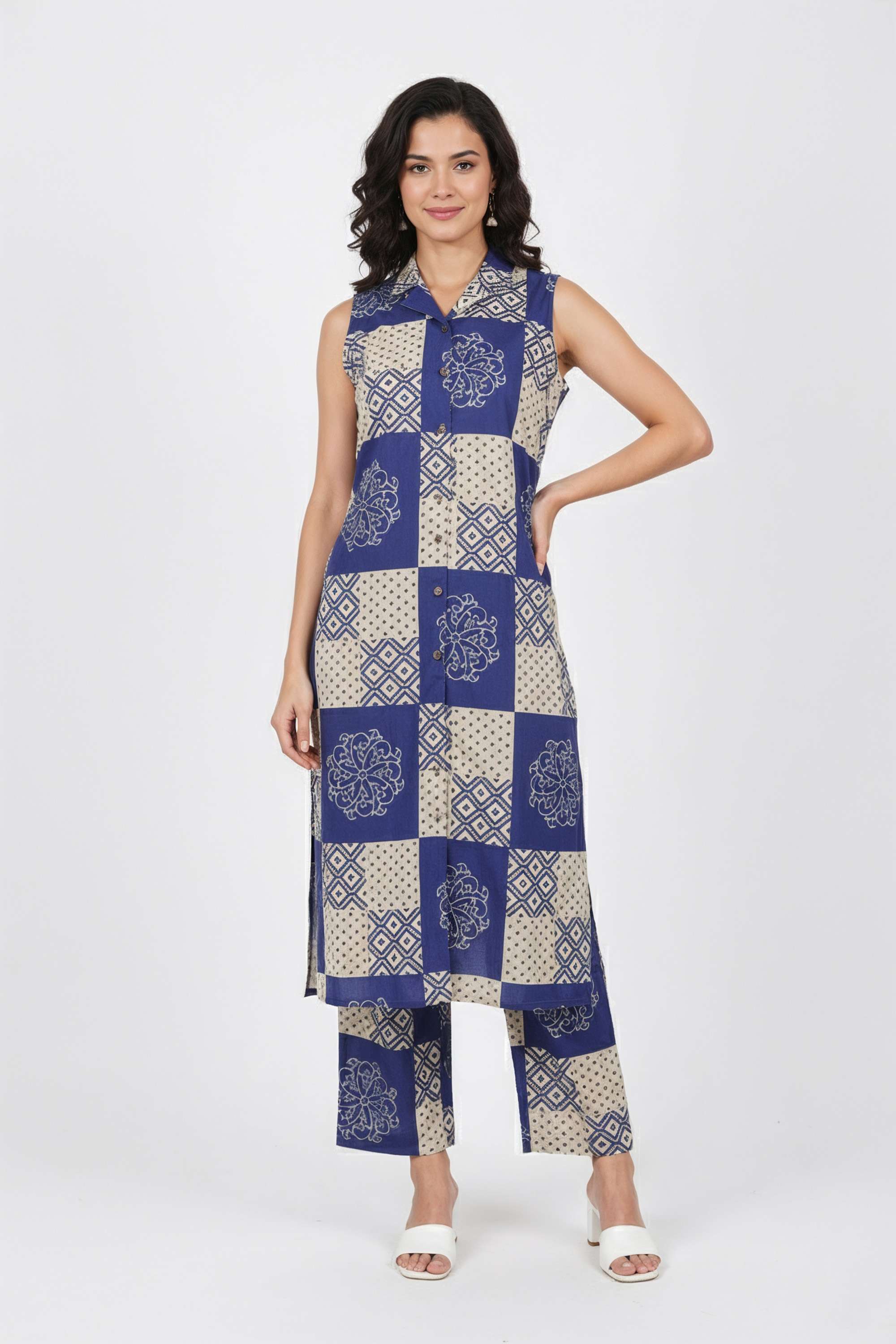 Printed-Collared-Blended-Fabric-Women-s-Co-Ord-Set