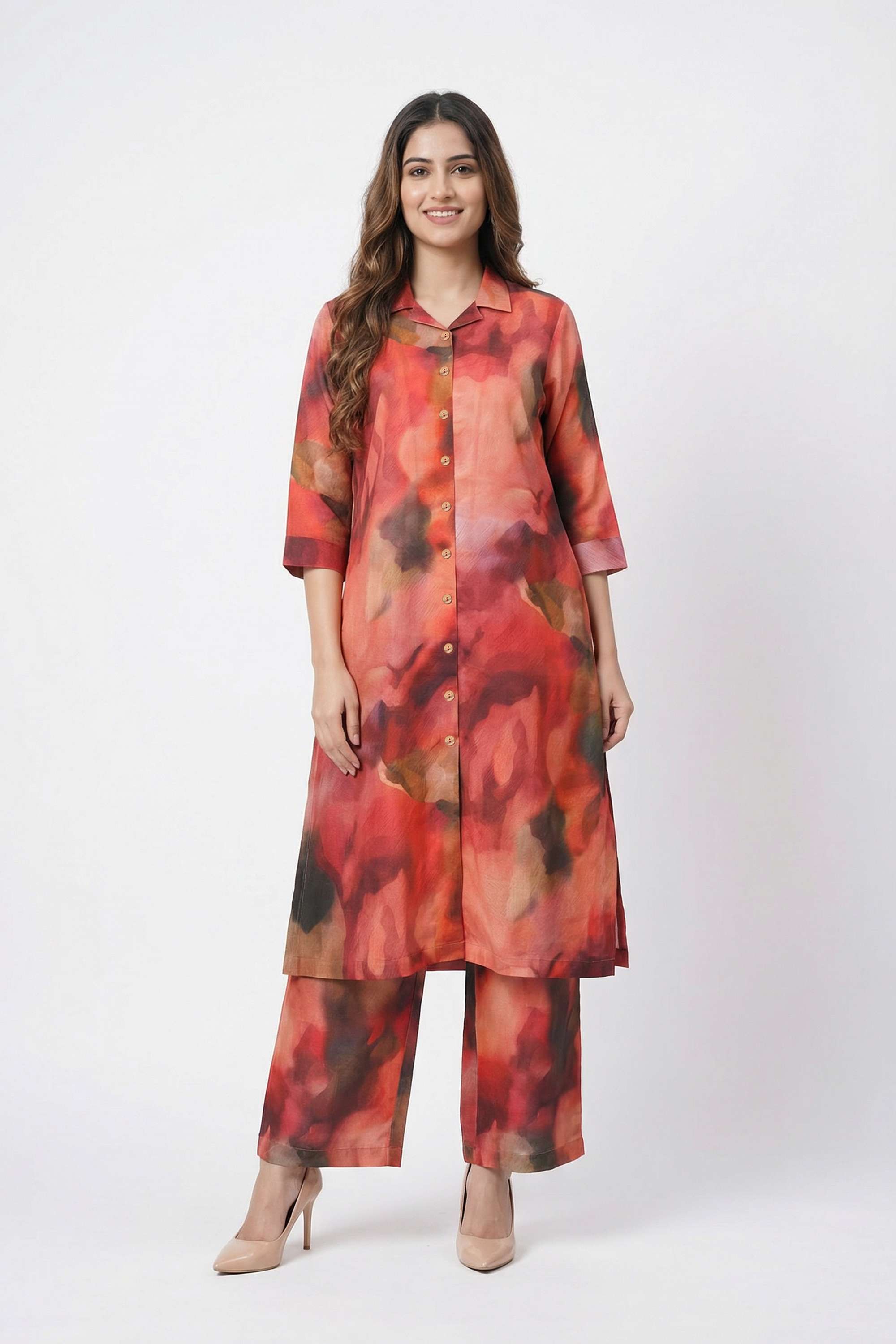 Printed-Collared-Blended-Fabric-Women-s-Co-Ord-Set