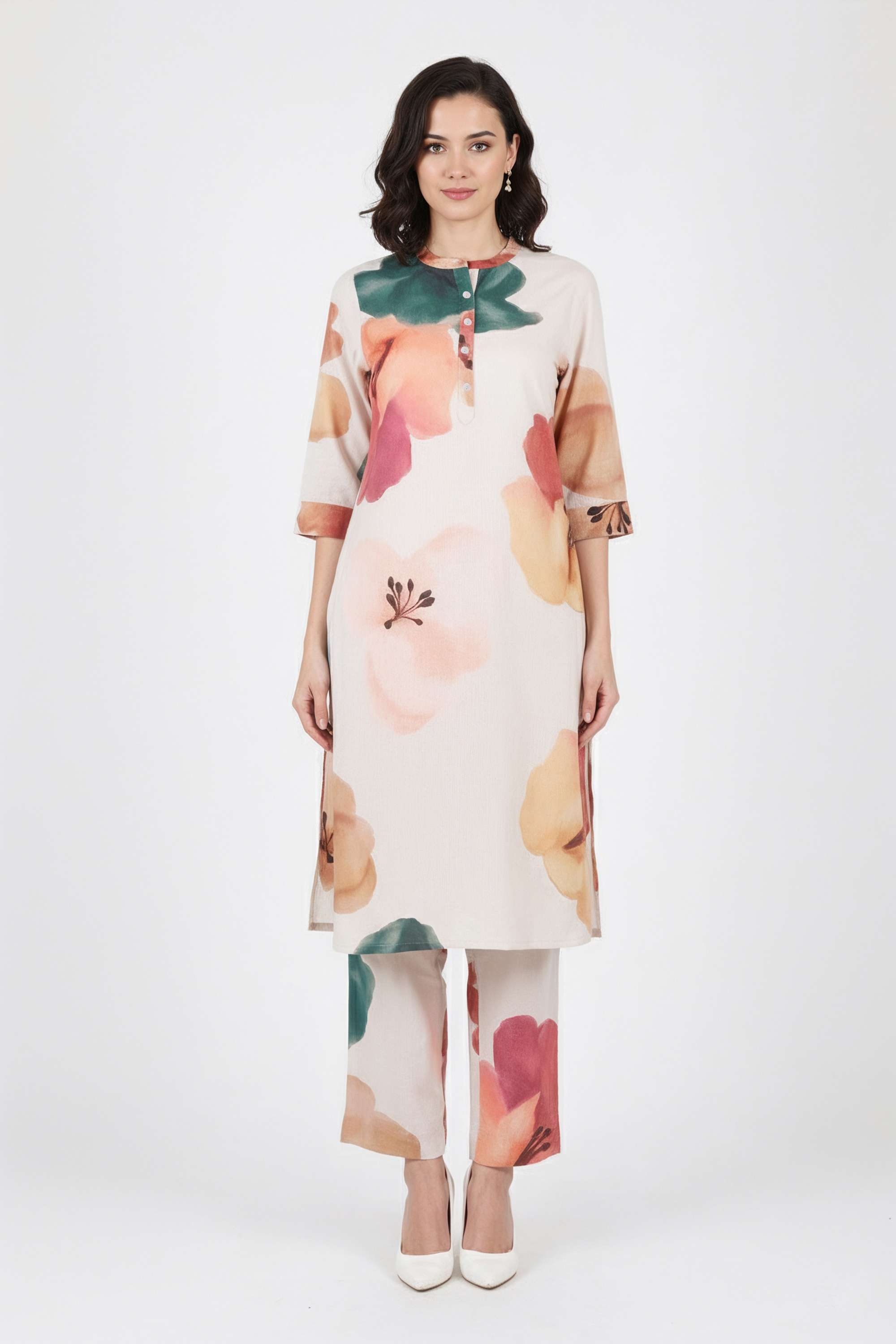 Printed-Henley-Blended-Fabric-Women-s-Co-Ord-Set