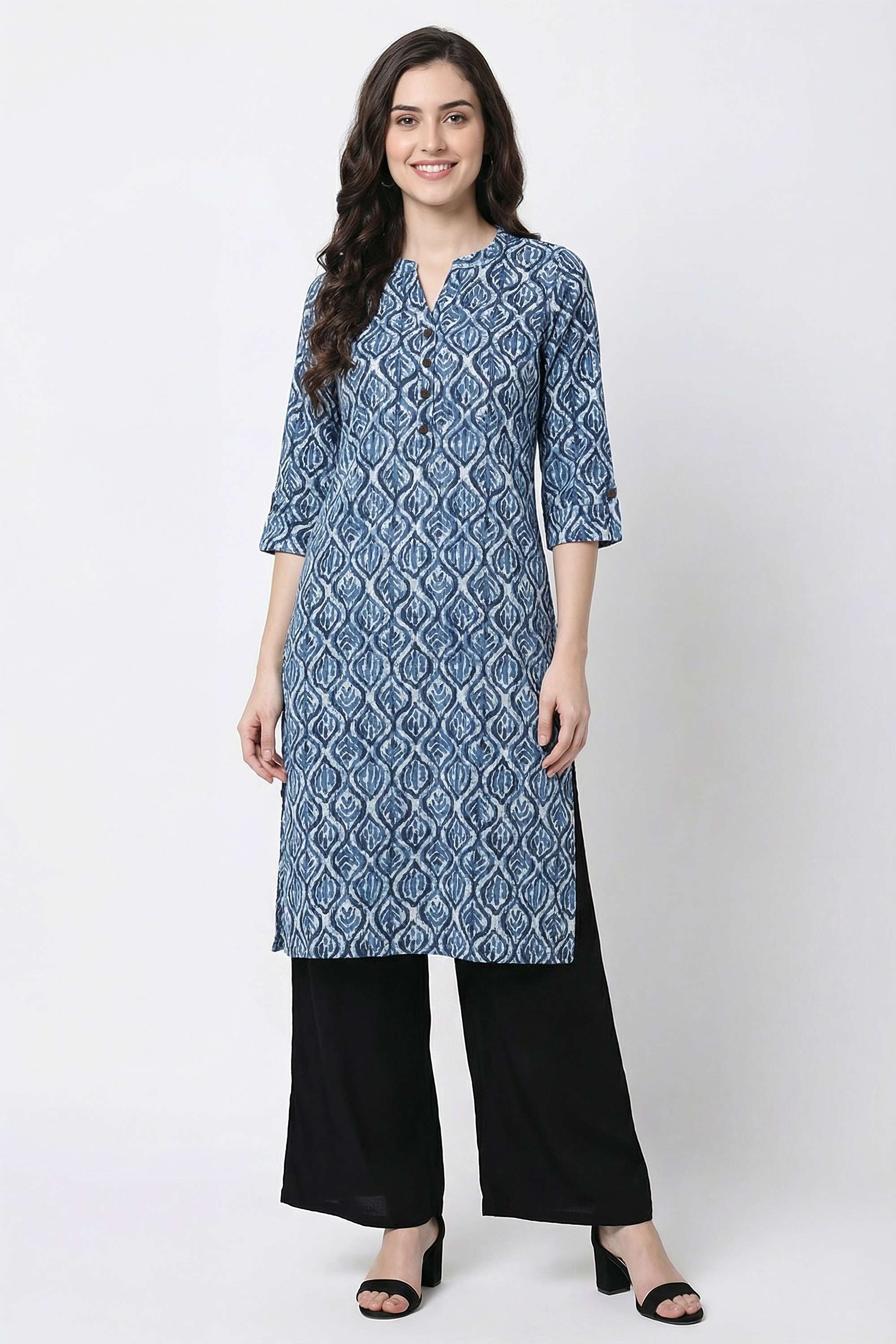 Block-Print-Blended-Fabric-Y-Neck-Women-Casual-Wear-Kurta