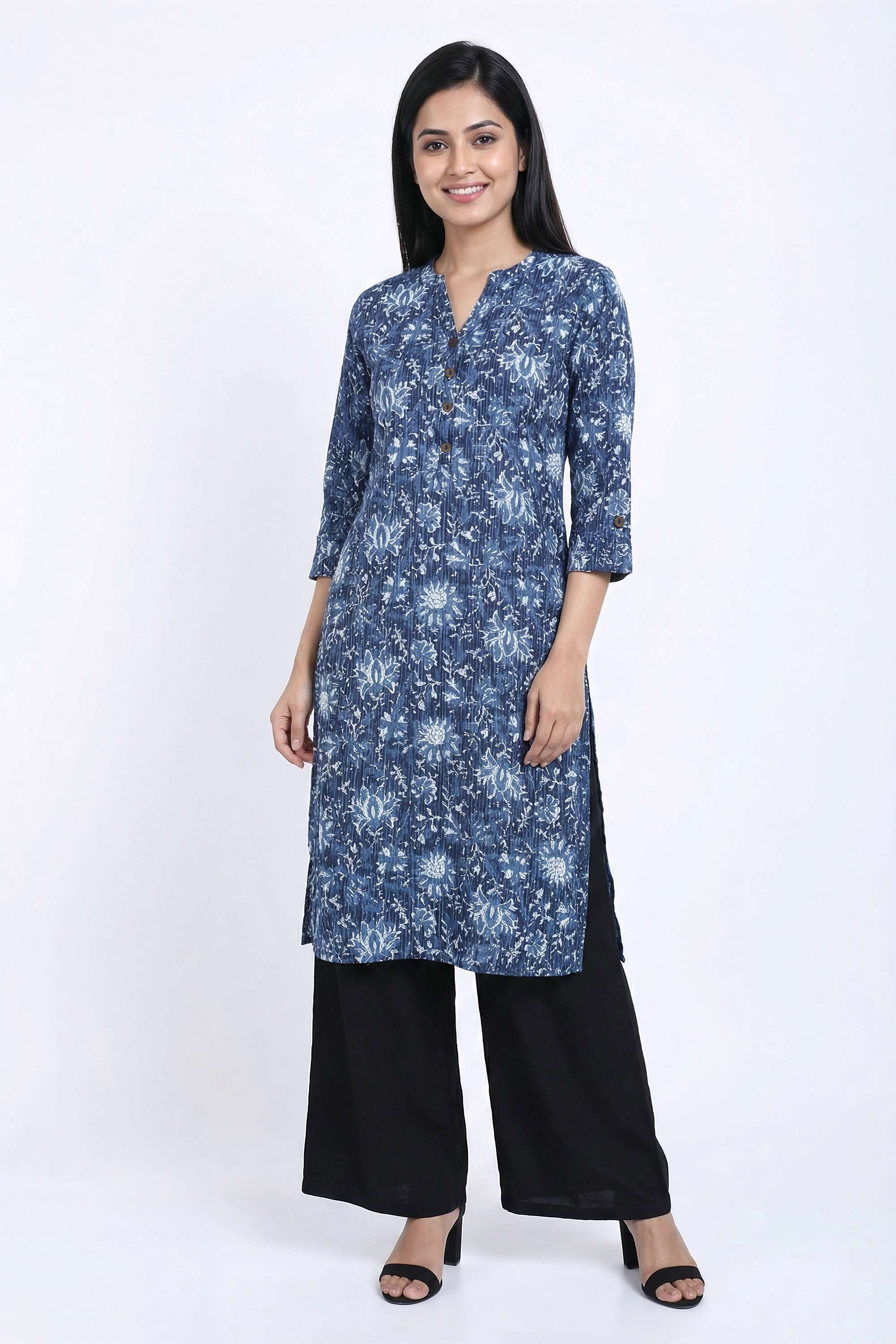 Floral-Blended-Fabric-Henley-Women-Casual-Wear-Kurta