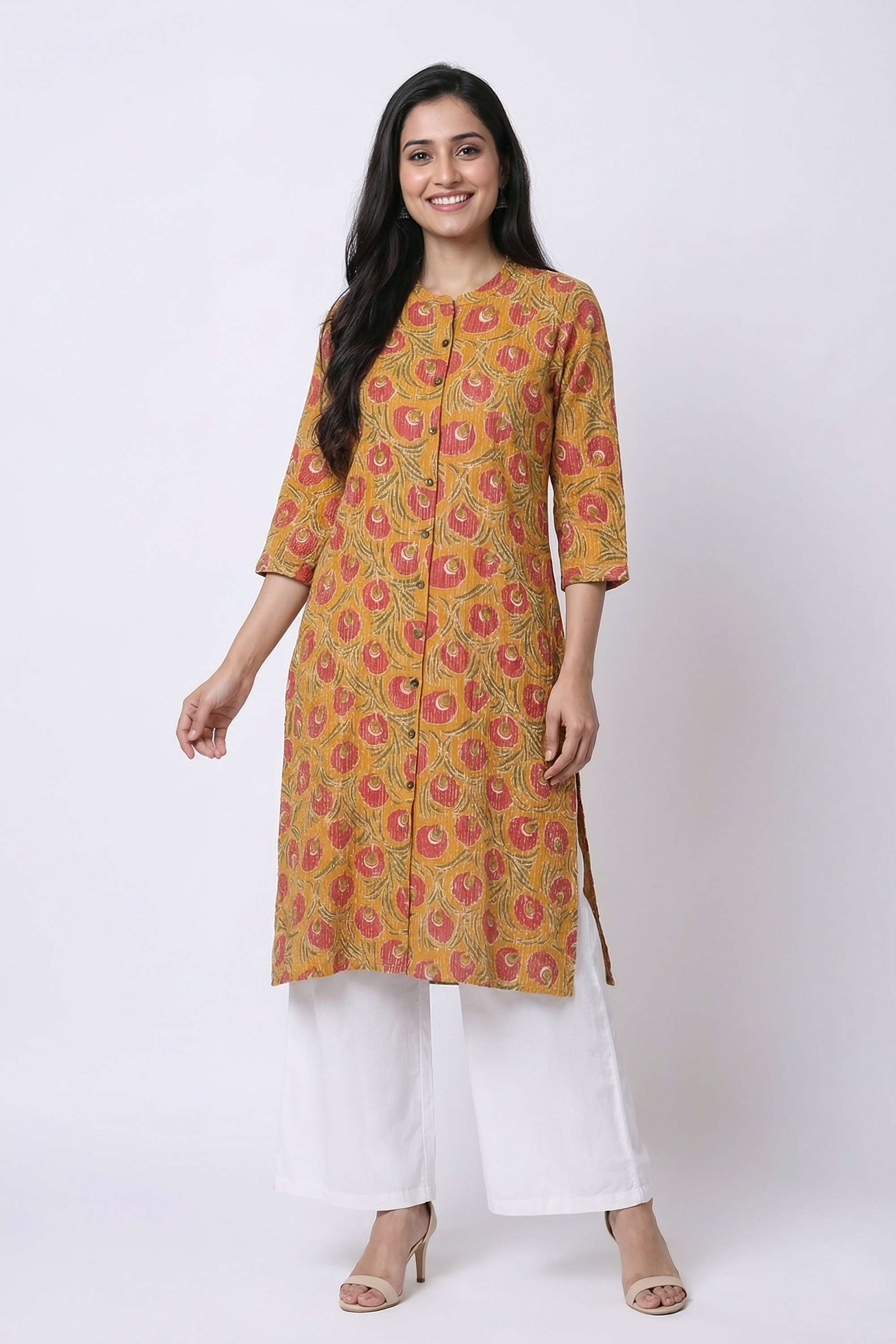 Floral-Blended-Fabric-Henley-Women-s-Casual-Wear-Kurta