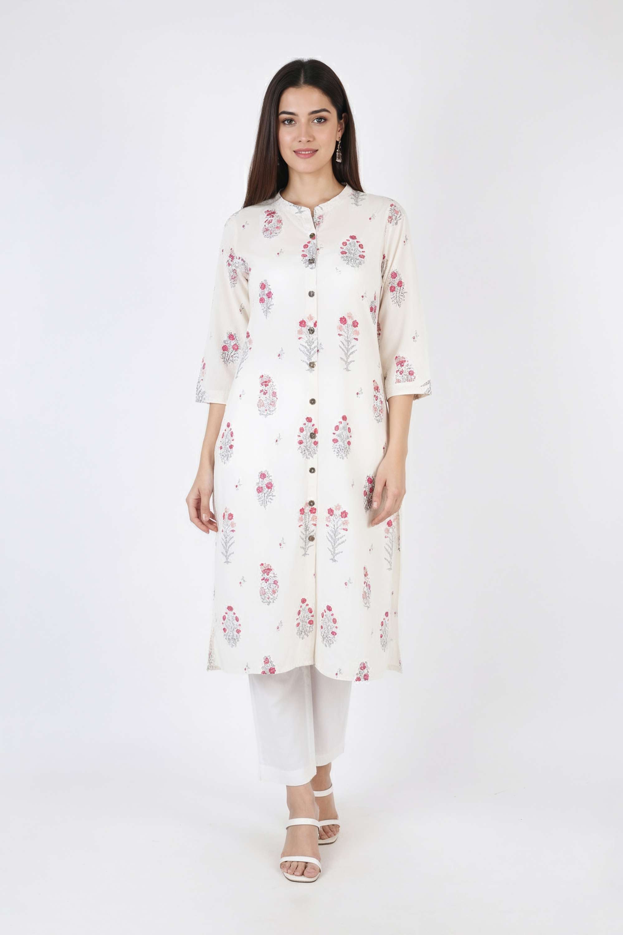 Printed-60-s-Cambric-Mandarin-Collar-Women-s-Every-Occasion-Kurta