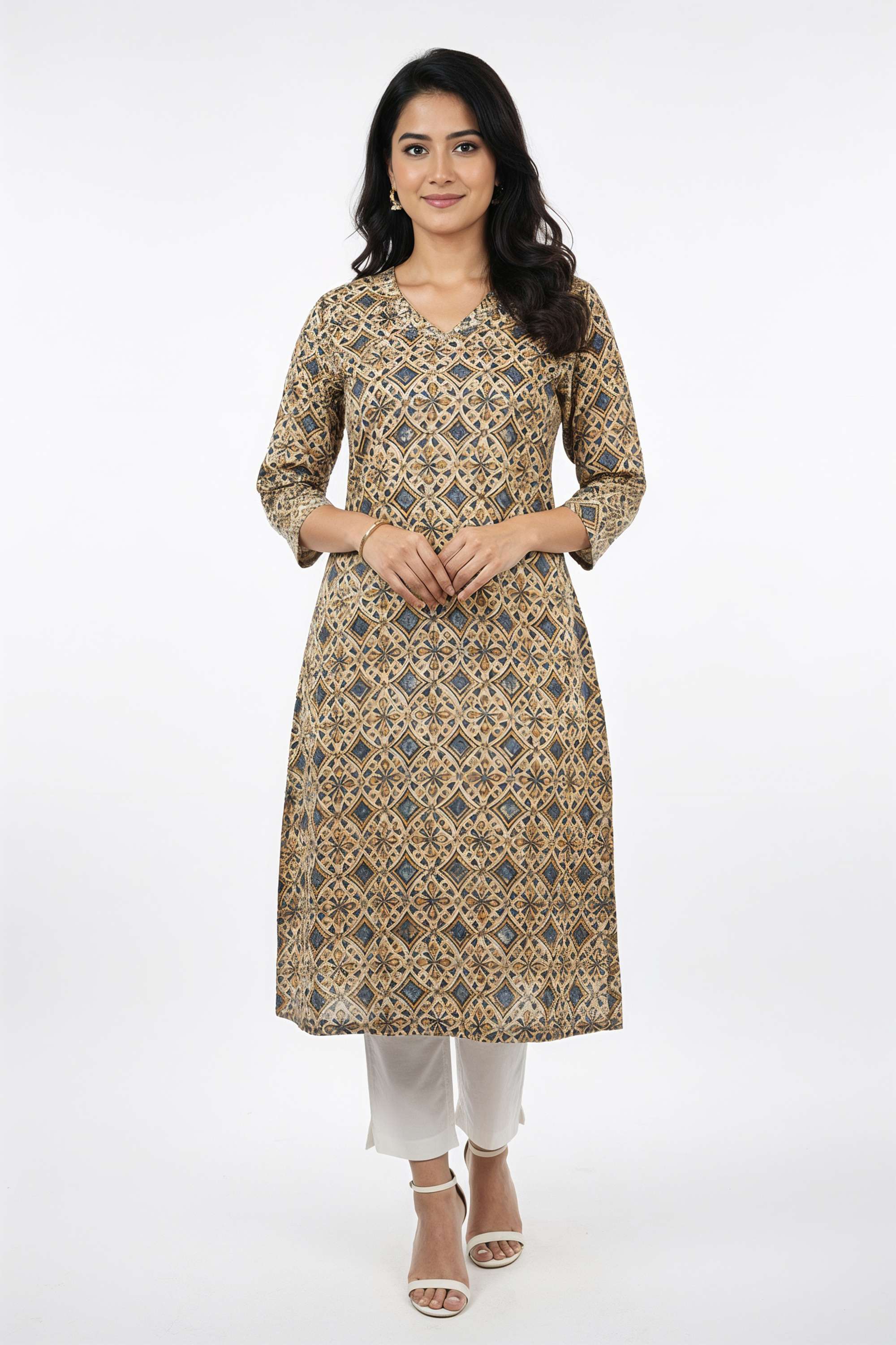 Printed-Cotton-V-Neck-Women-s-Casual-Wear-Kurta