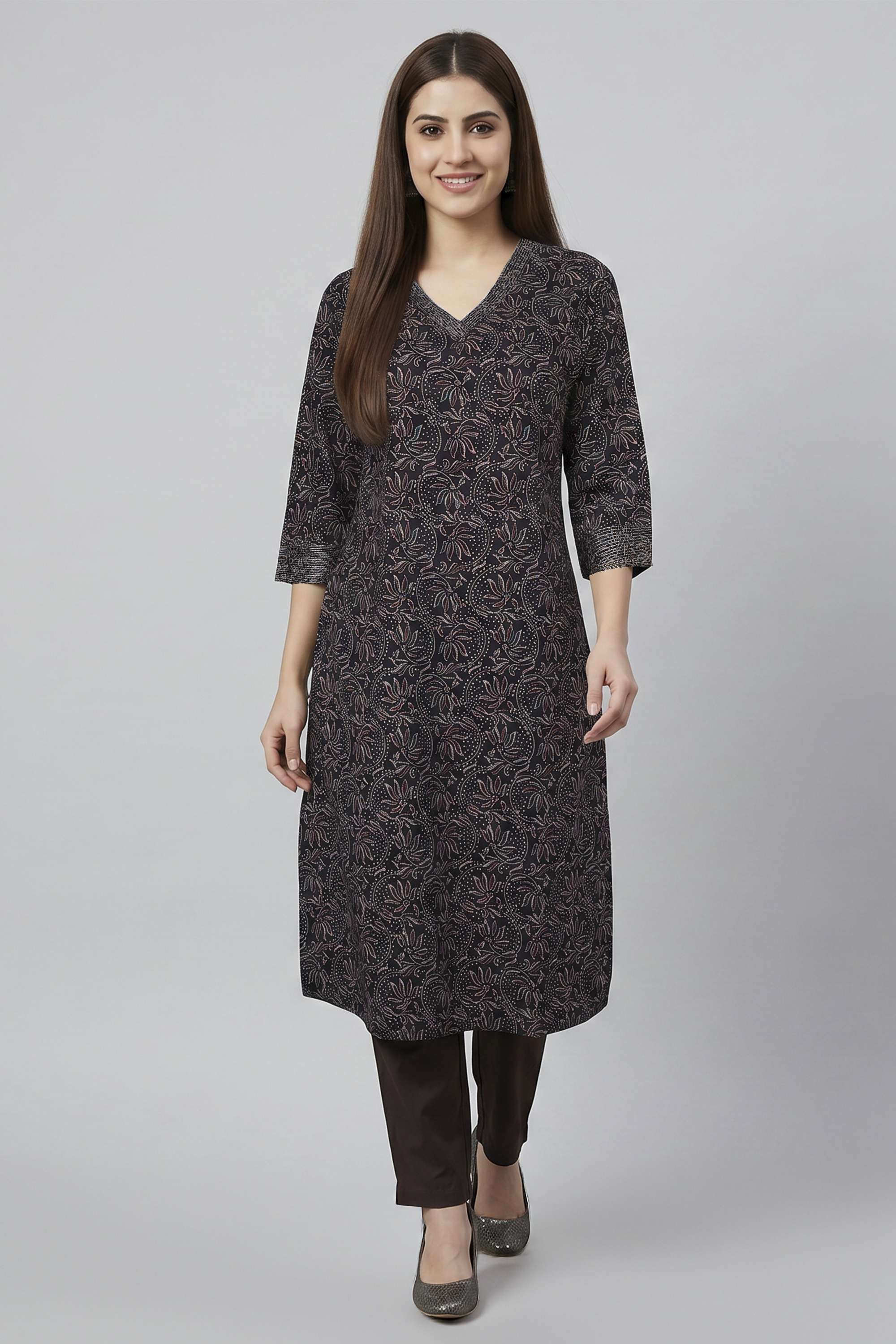 Printed-Cotton-V-Neck-Women-s-Casual-Wear-Kurta
