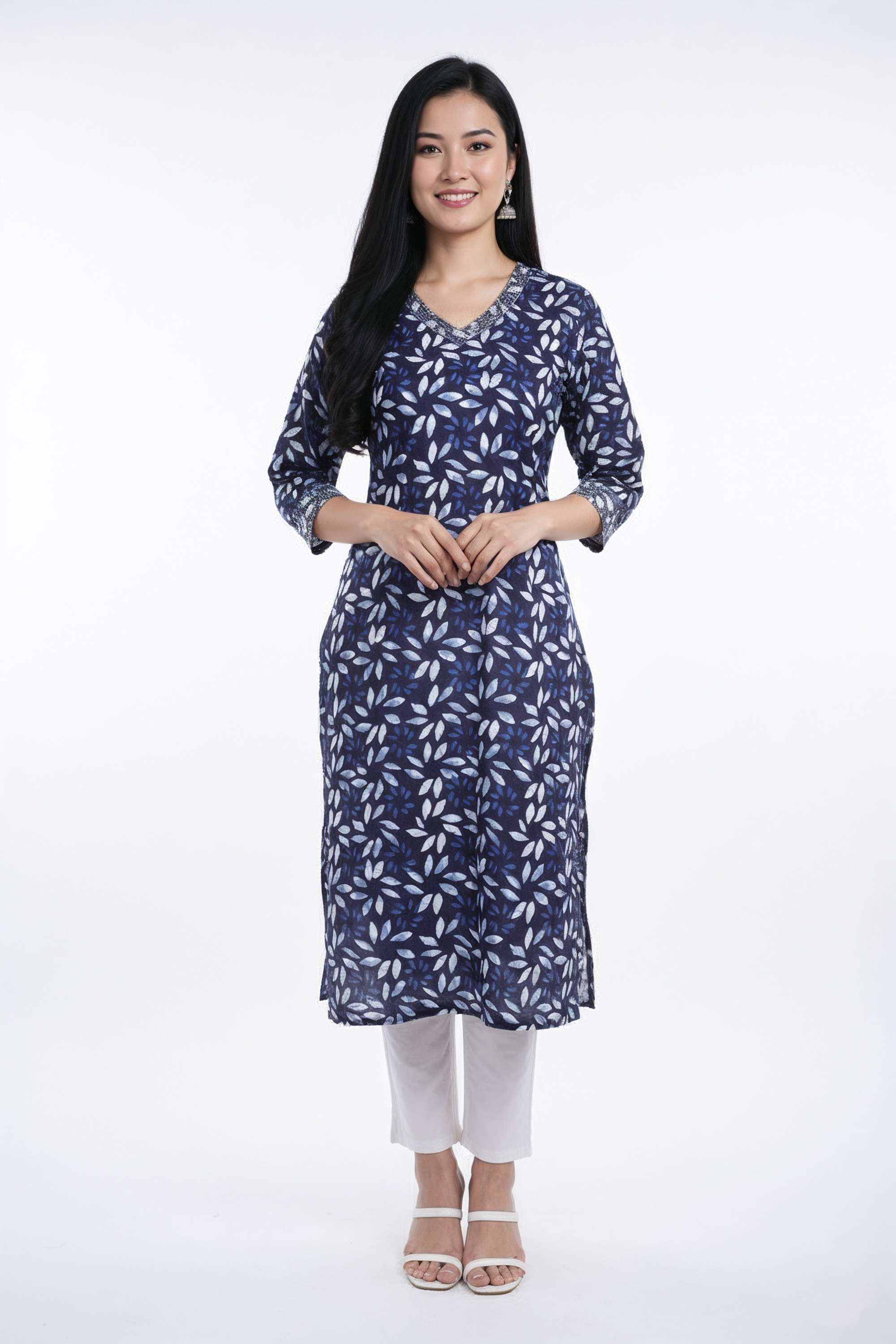 Printed-Blended-Fabric-V-Neck-Women-s-Festive-Wear-Kurta