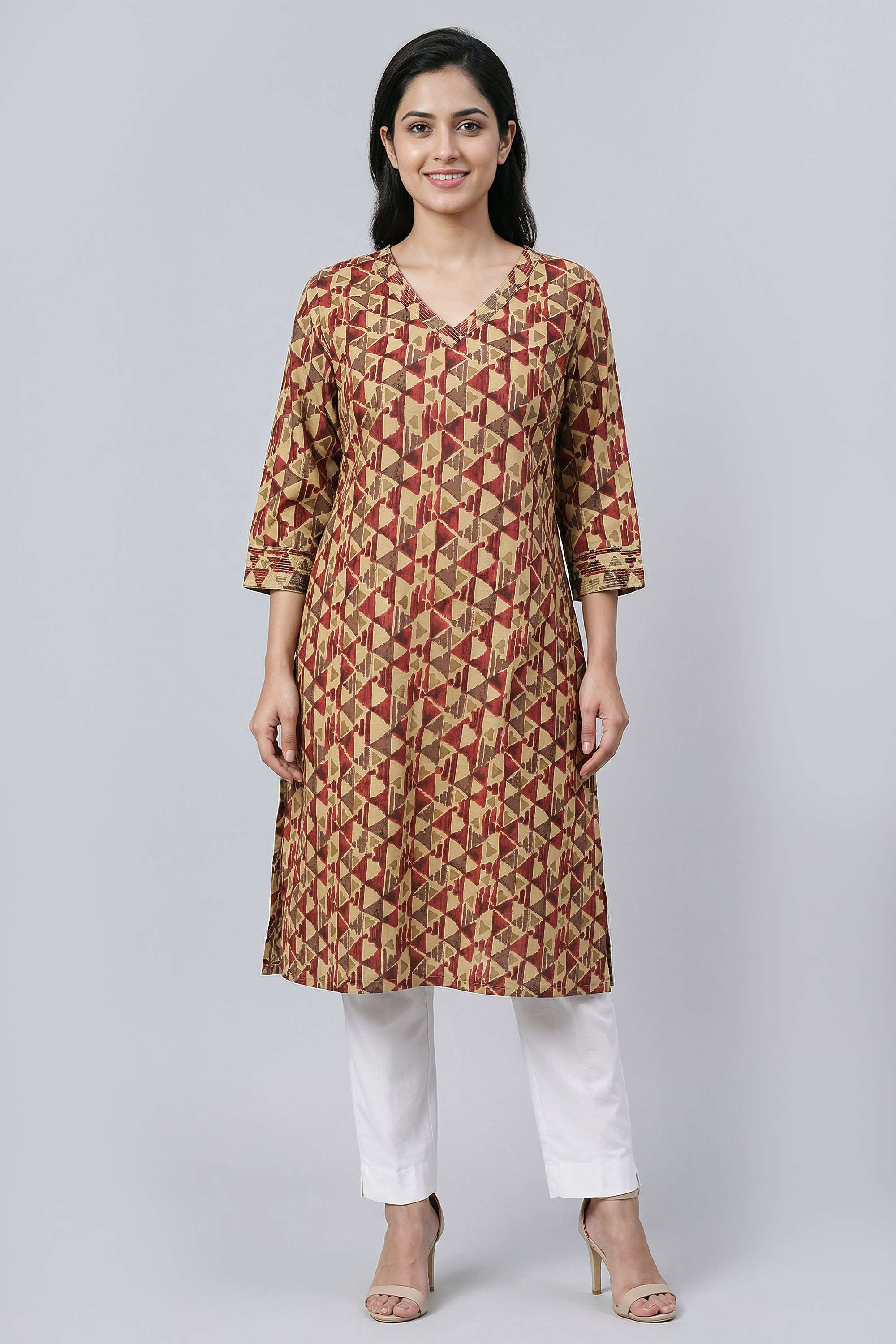 Solid-Blended-Fabric-V-Neck-Women-s-Casual-Wear-Kurta