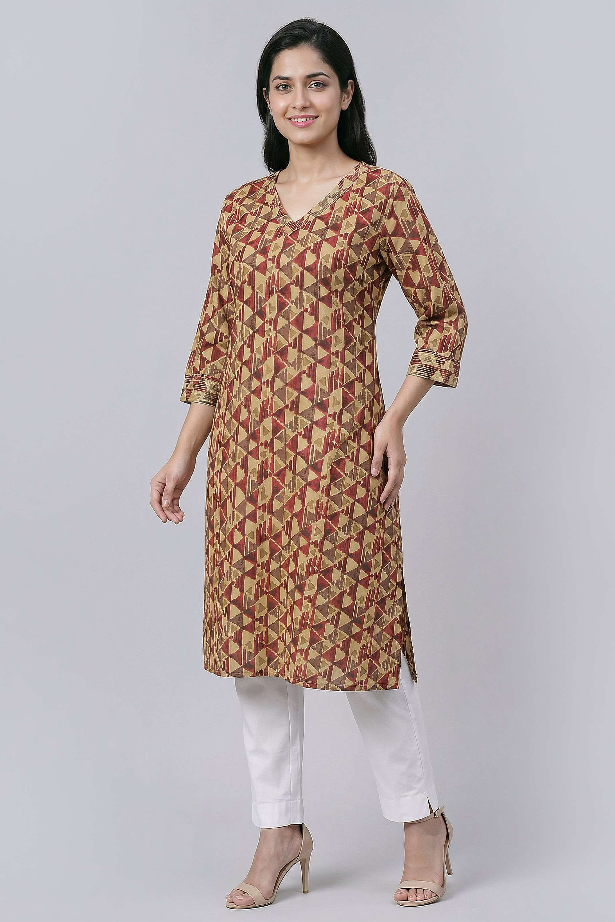 Solid-Blended-Fabric-V-Neck-Women-s-Casual-Wear-Kurta