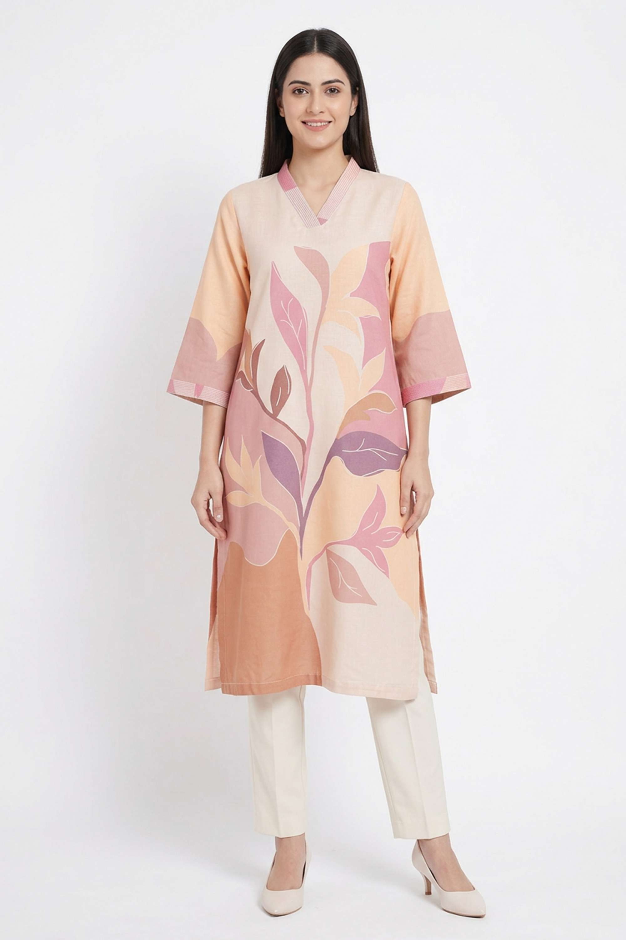 Printed-Blended-Fabric-V-Neck-Women-s-Casual-Wear-Kurta