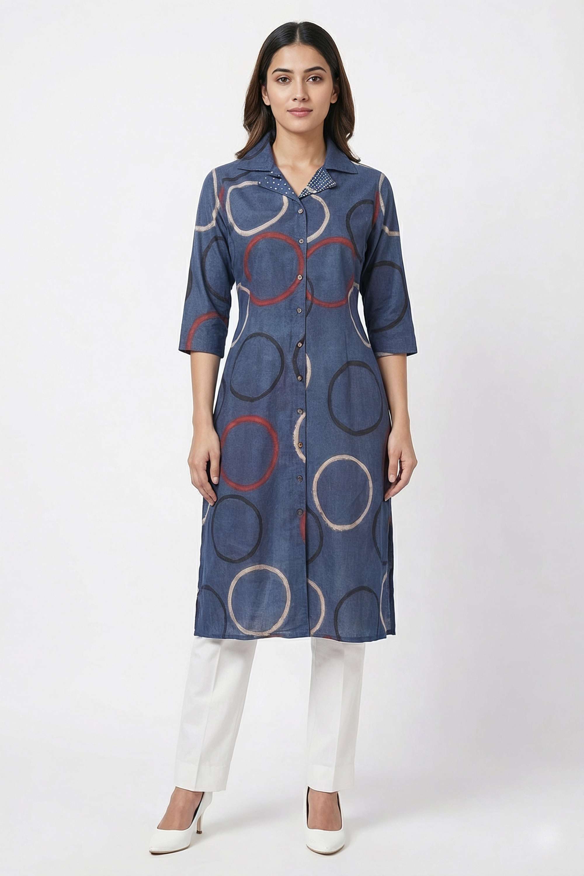 Graphic-Print-Blended-Fabric-Collared-Women-Casual-Wear-Kurta