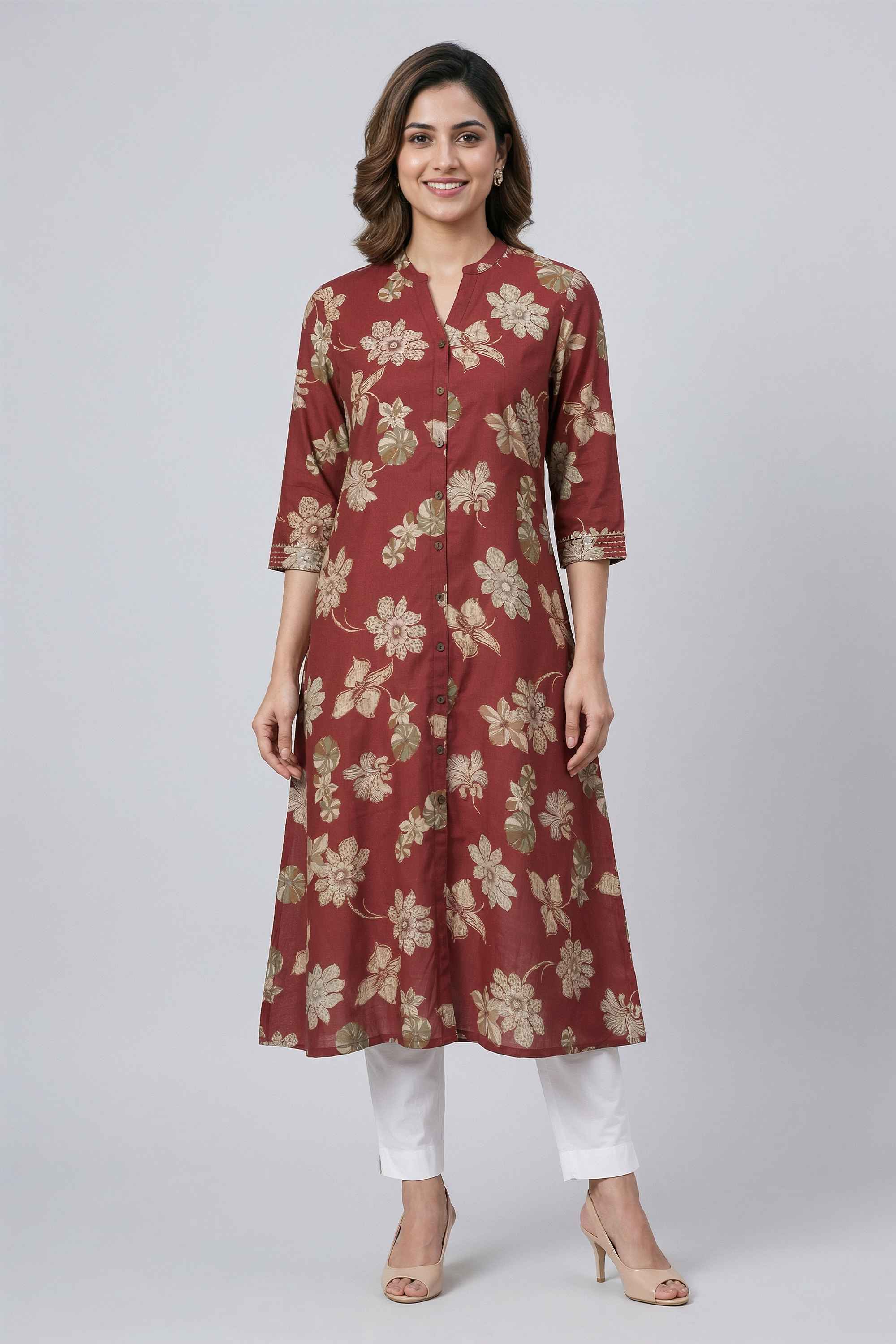Solid-Blended-Fabric-Collared-Women-s-Casual-Wear-Kurta