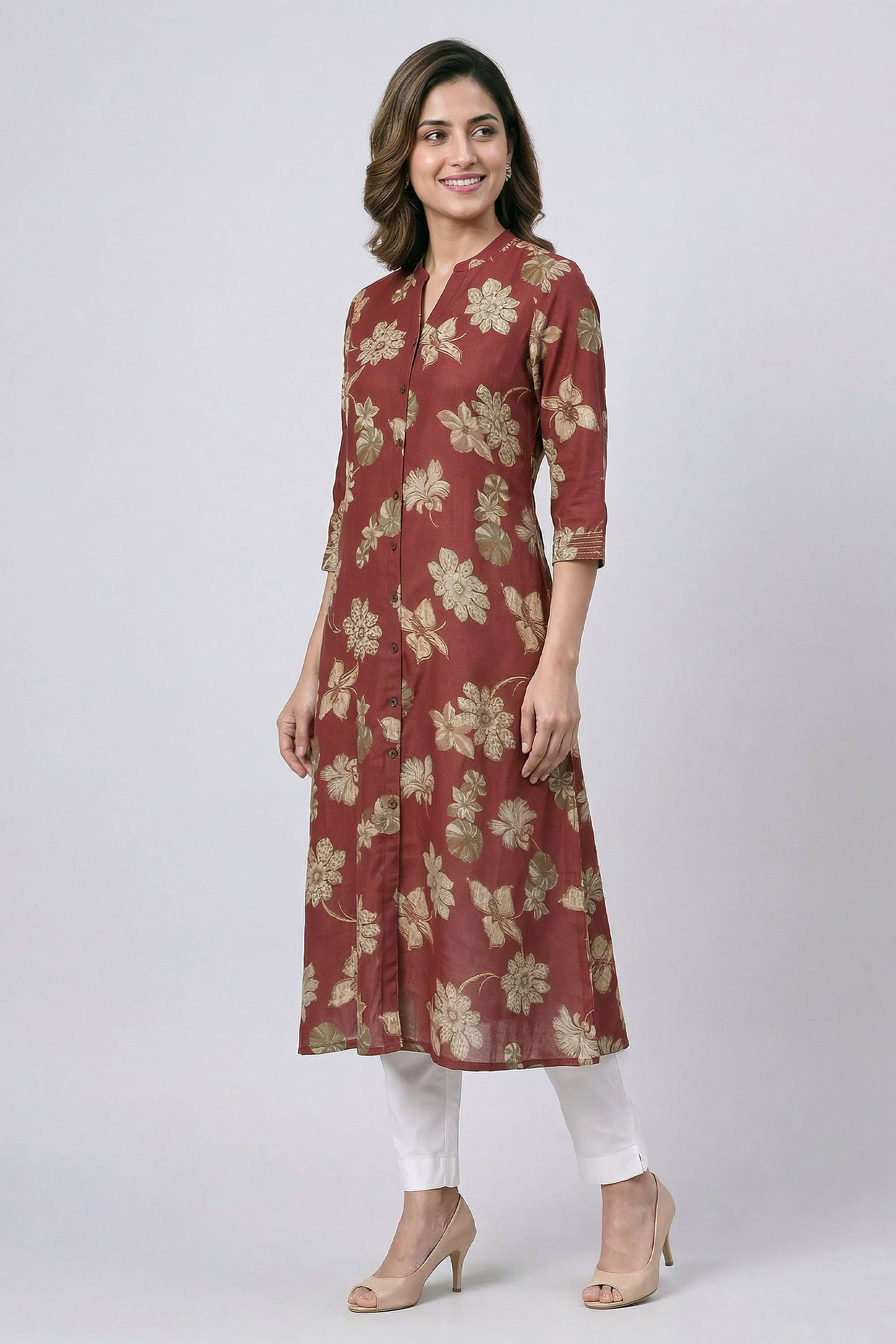 Solid-Blended-Fabric-Collared-Women-s-Casual-Wear-Kurta