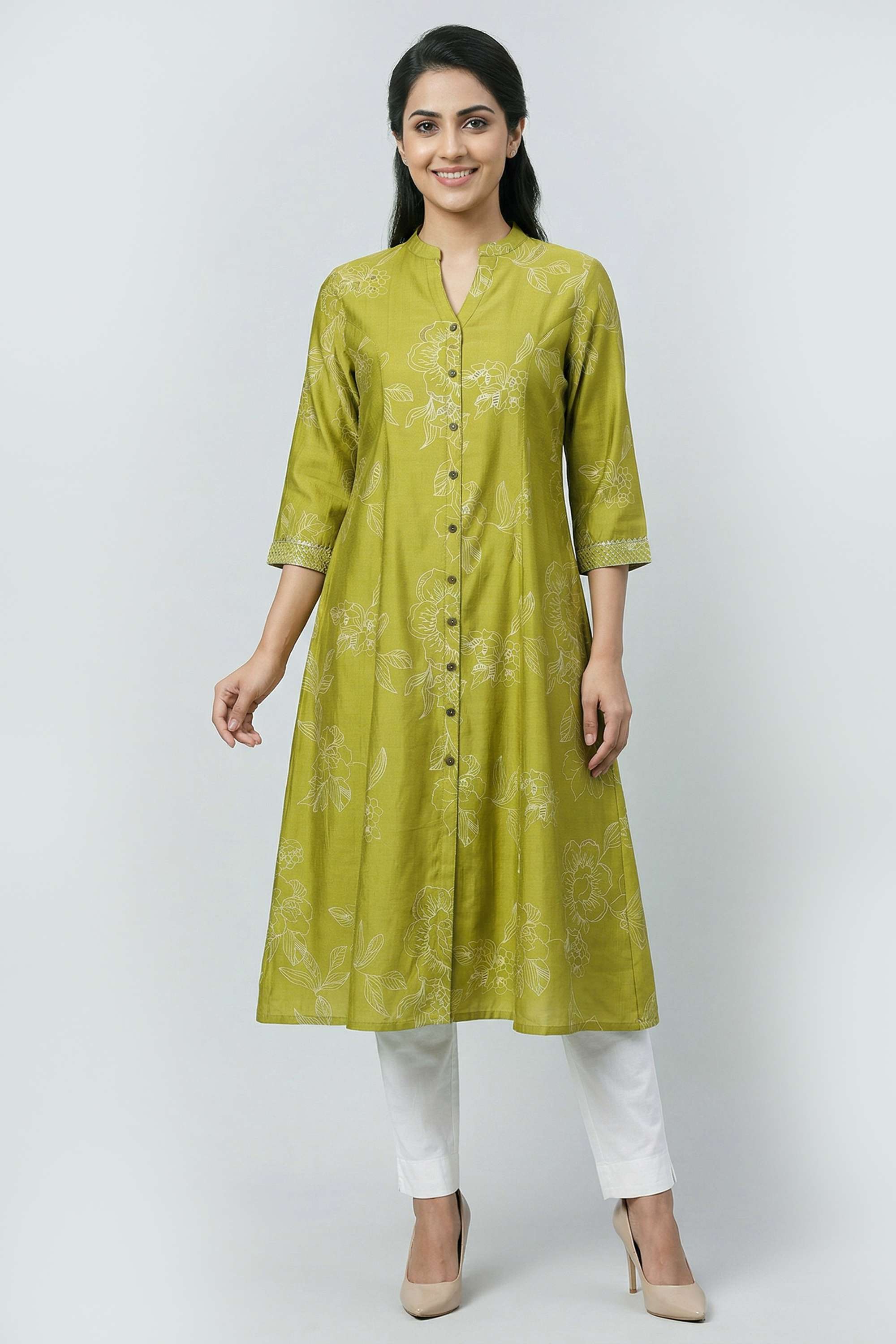 Solid-Blended-Fabric-Collared-Women-s-Casual-Wear-Kurta