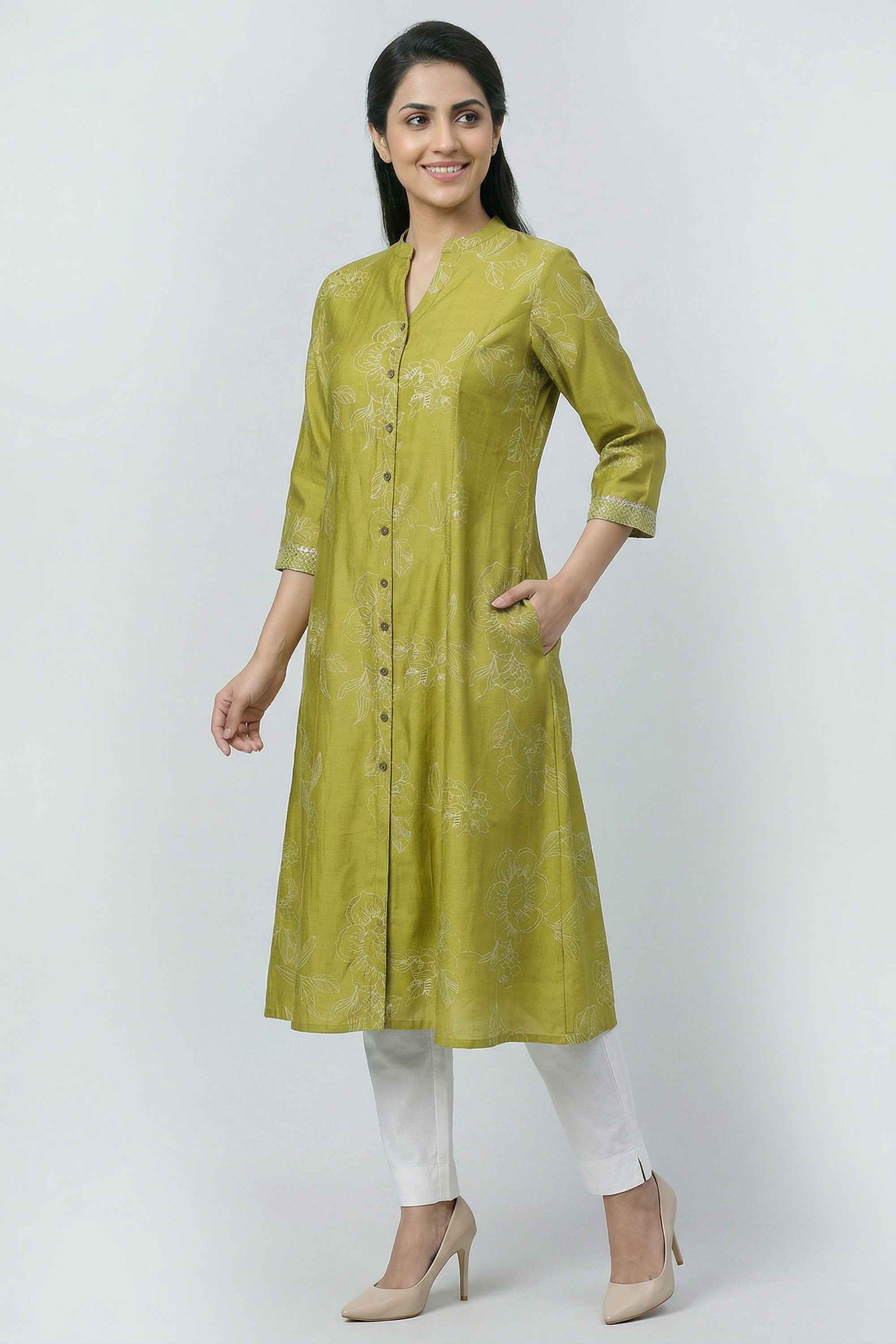 Solid-Blended-Fabric-Collared-Women-s-Casual-Wear-Kurta