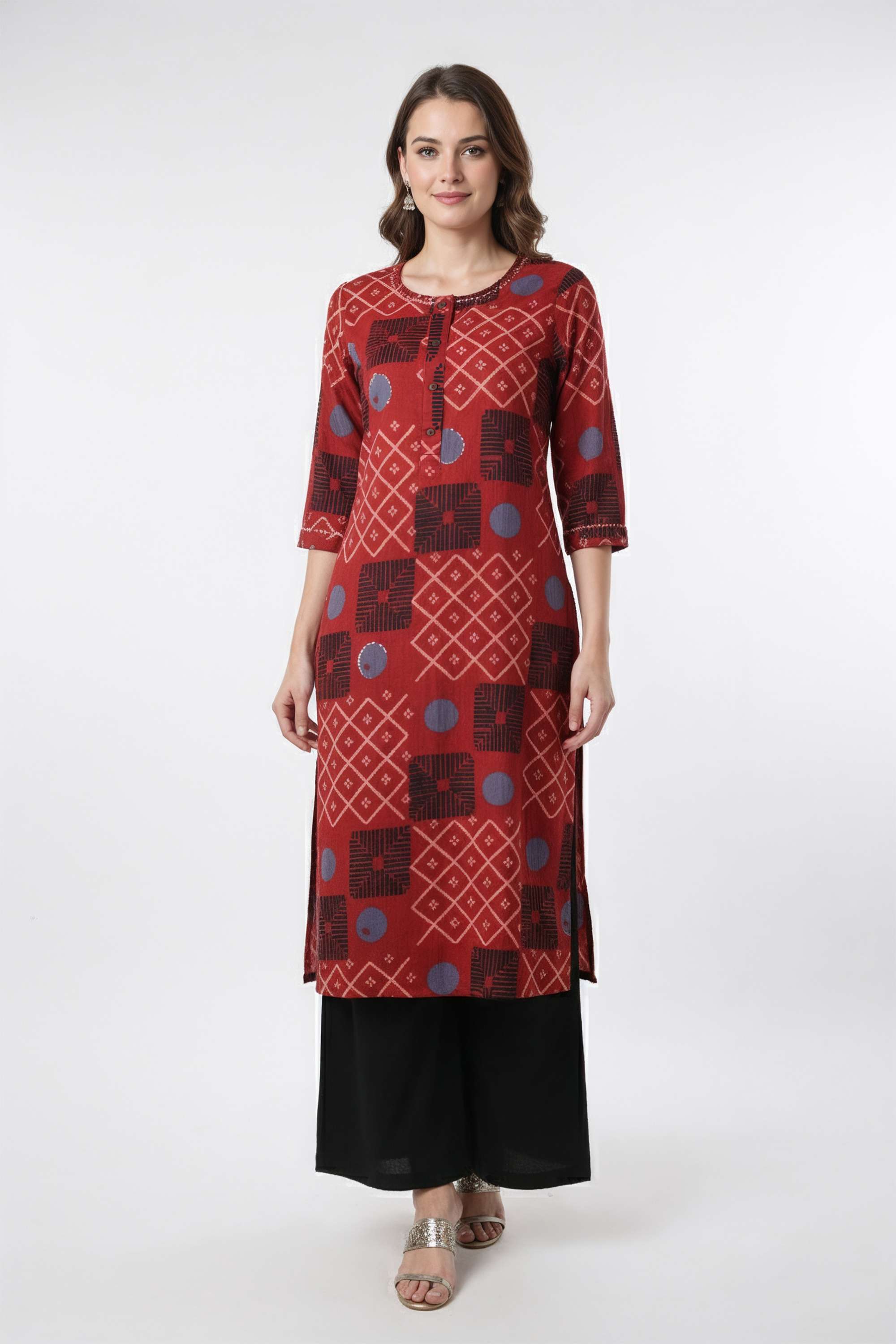 Printed-Blended-Fabric-Round-Neck-Women-s-Casual-Wear-Kurta
