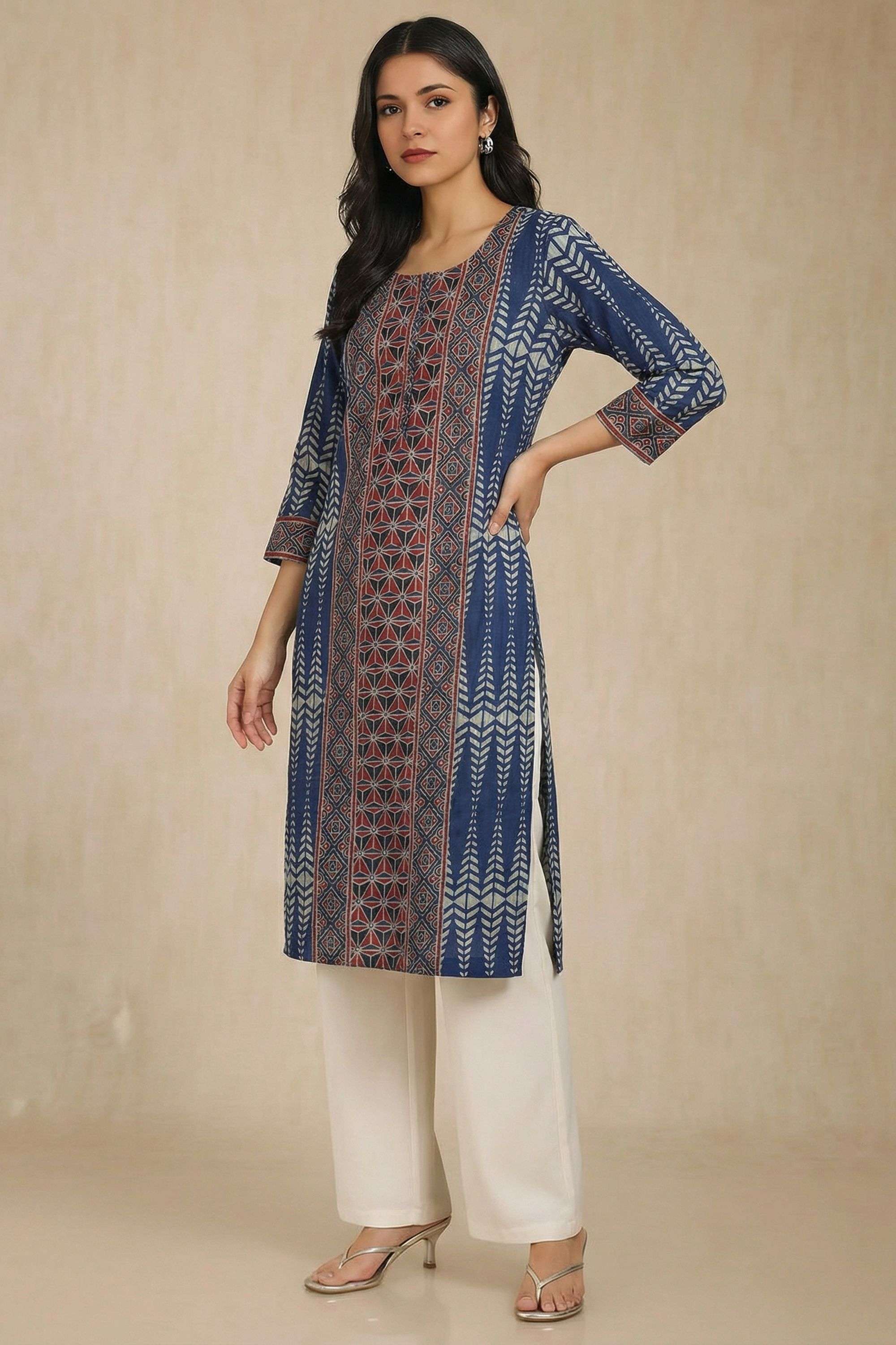 Printed-Blended-Fabric-Round-Neck-Women-s-Casual-Wear-Kurta