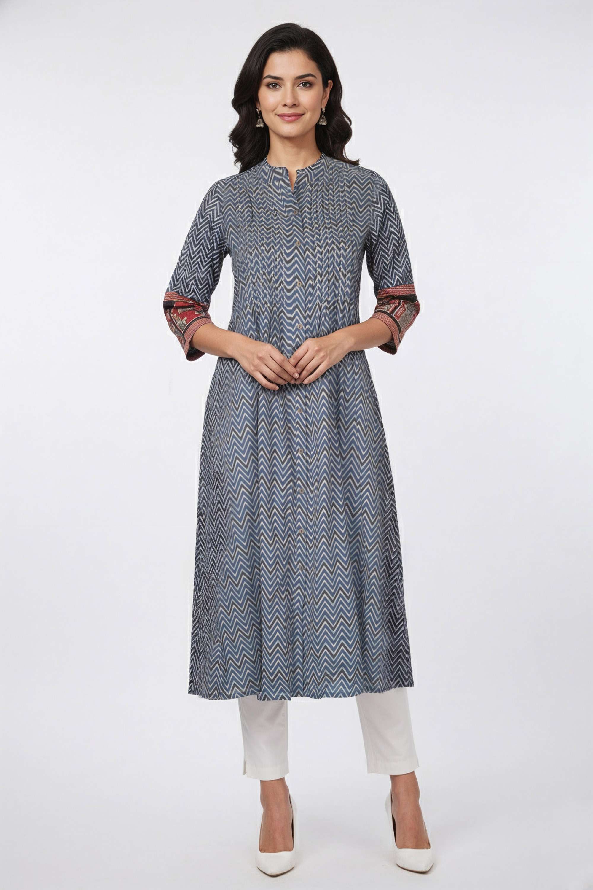 Chevron-Blended-Fabric-Henley-Women-Casual-Wear-Kurta