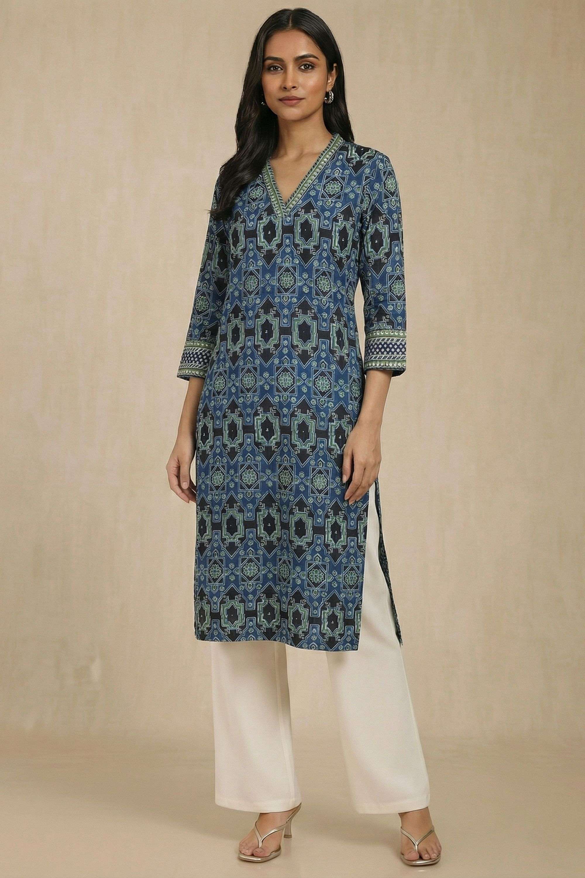 Printed-Blended-Fabric-V-Neck-Women-s-Casual-Wear-Kurta