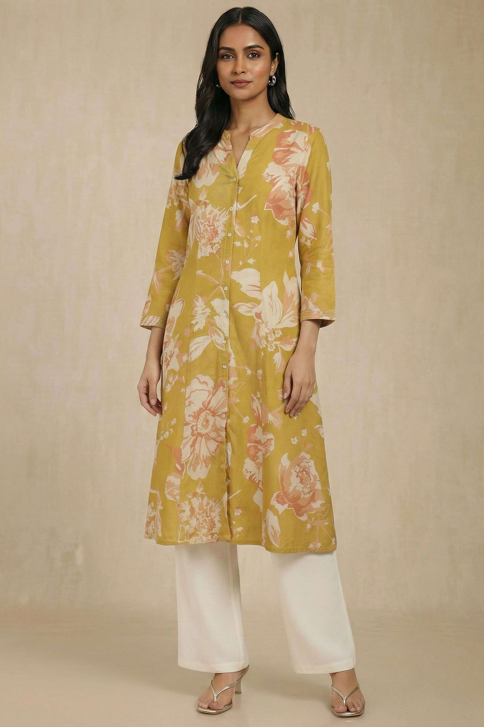 Printed-Blended-Fabric-Henley-Women-s-Casual-Wear-Kurta