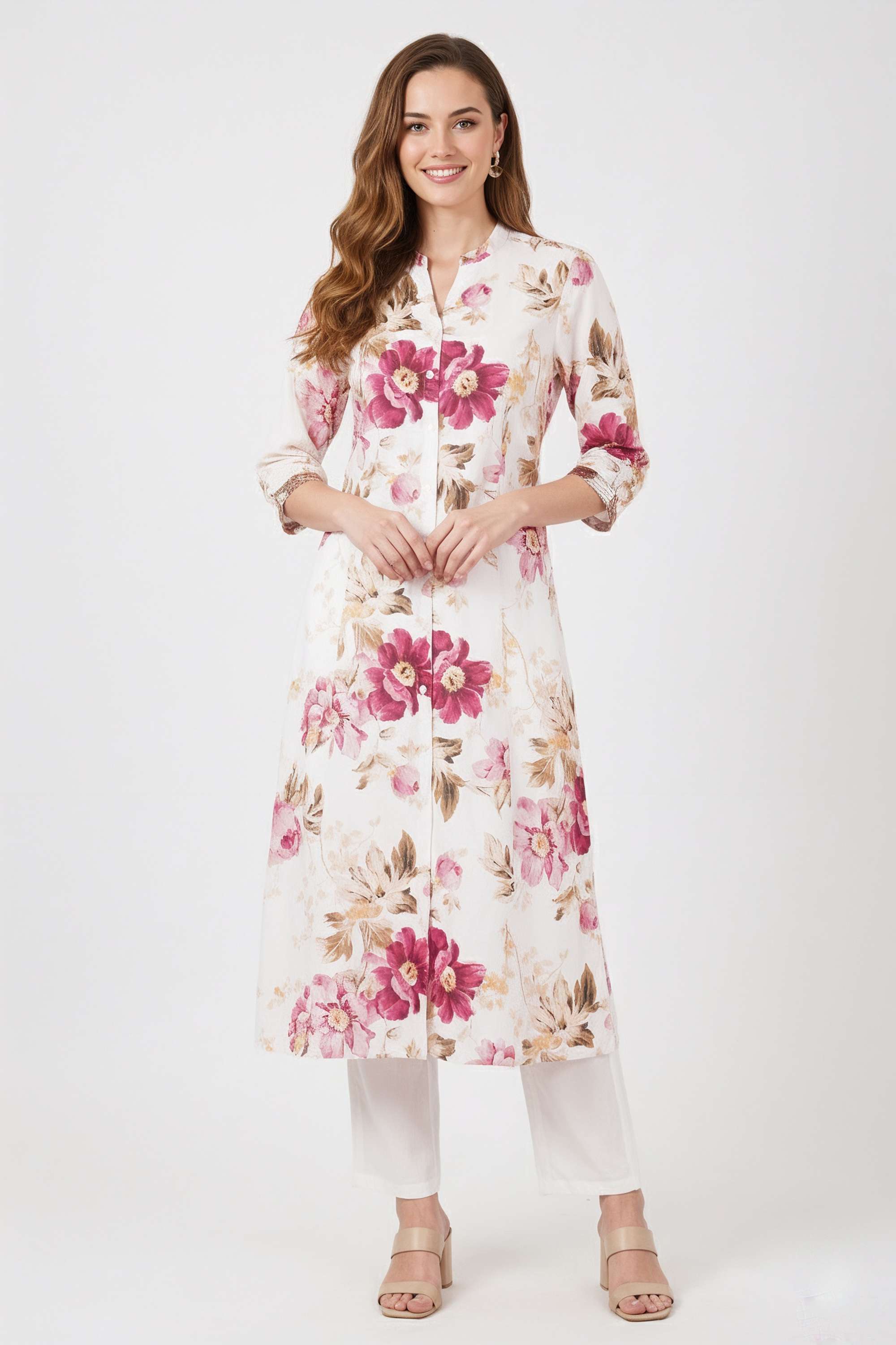 Floral-Blended-Fabric-Henley-Women-Casual-Wear-Kurta