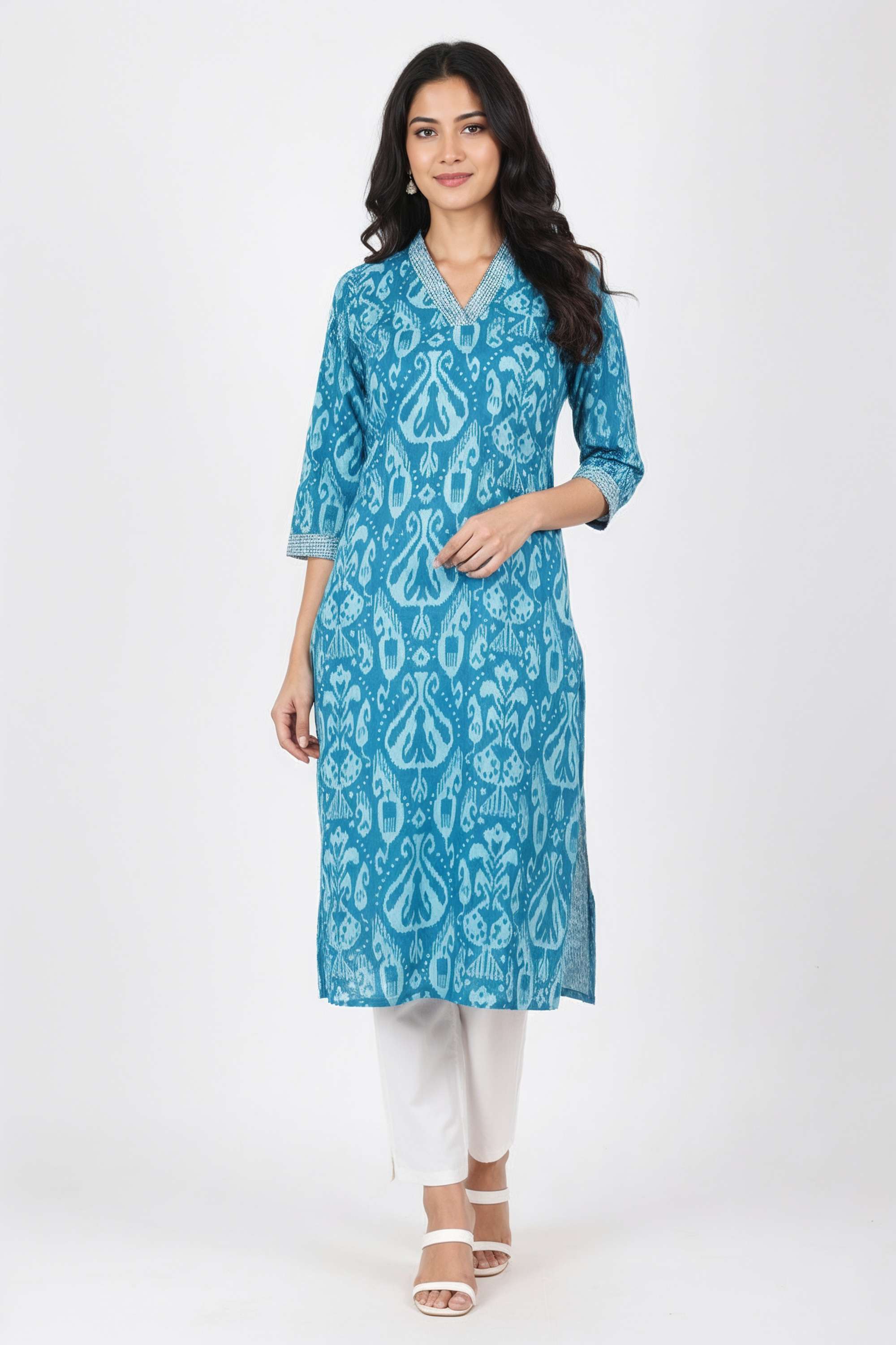 Printed-Blended-Fabric-V-Neck-Women-s-Casual-Wear-Kurta