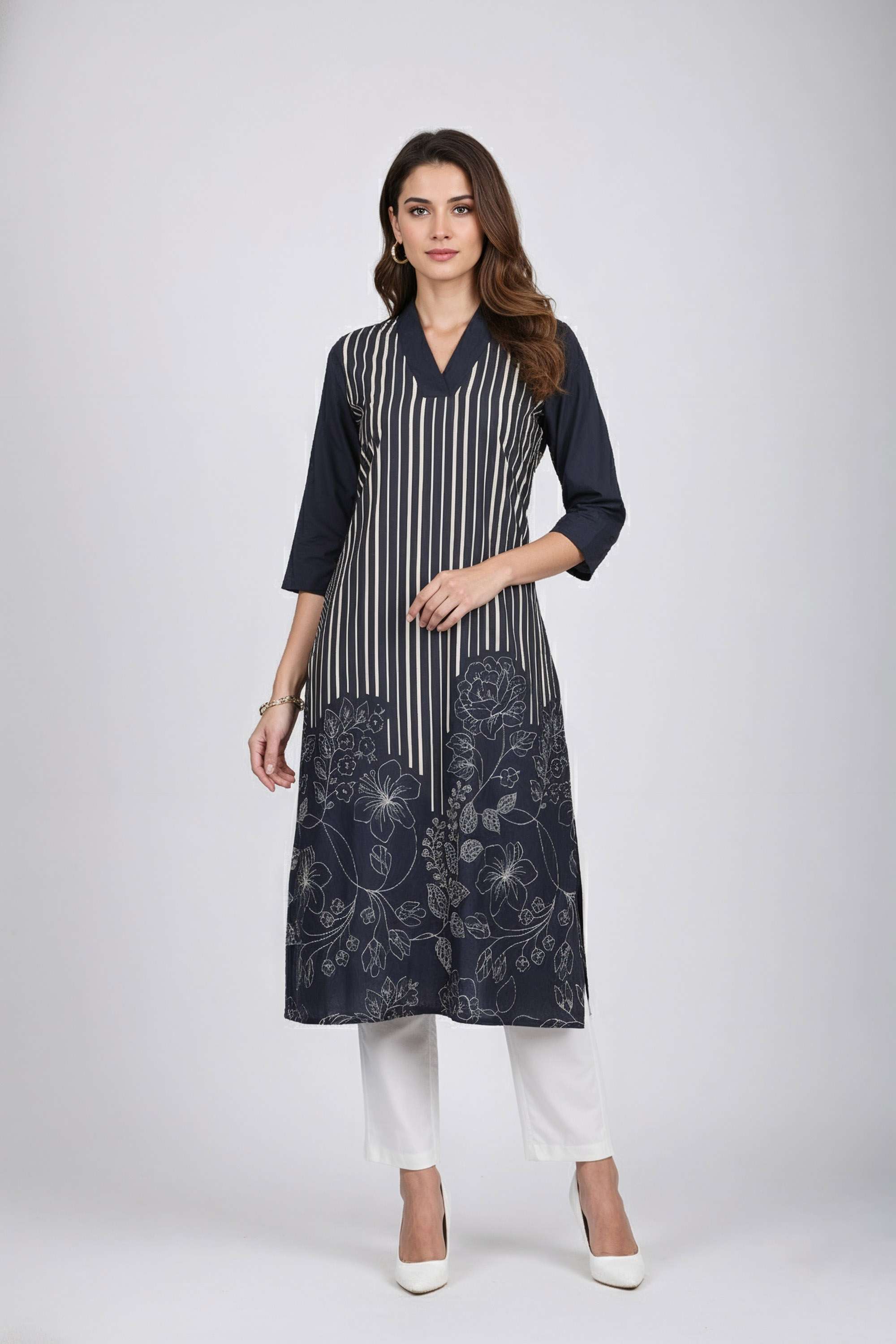 Color-Block-Blended-Fabric-Y-Neck-Women-Casual-Wear-Kurta