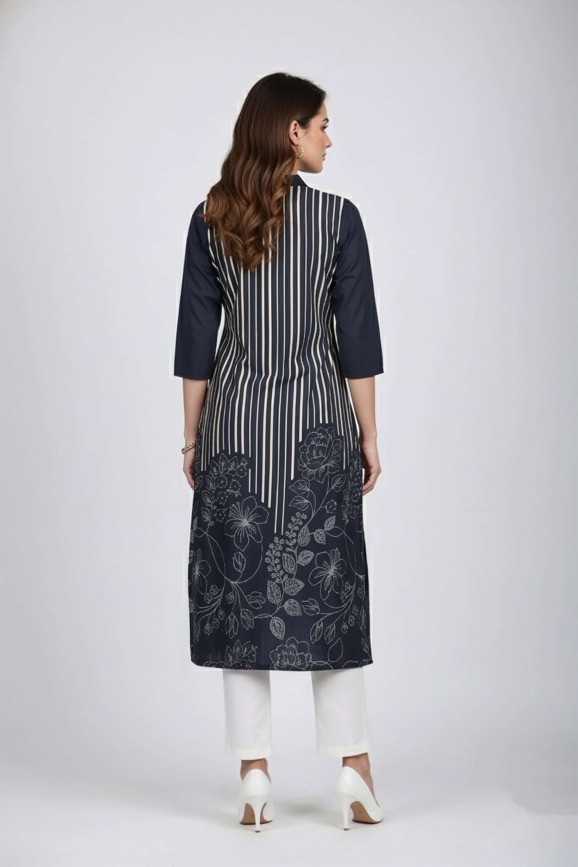 Color-Block-Blended-Fabric-Y-Neck-Women-Casual-Wear-Kurta