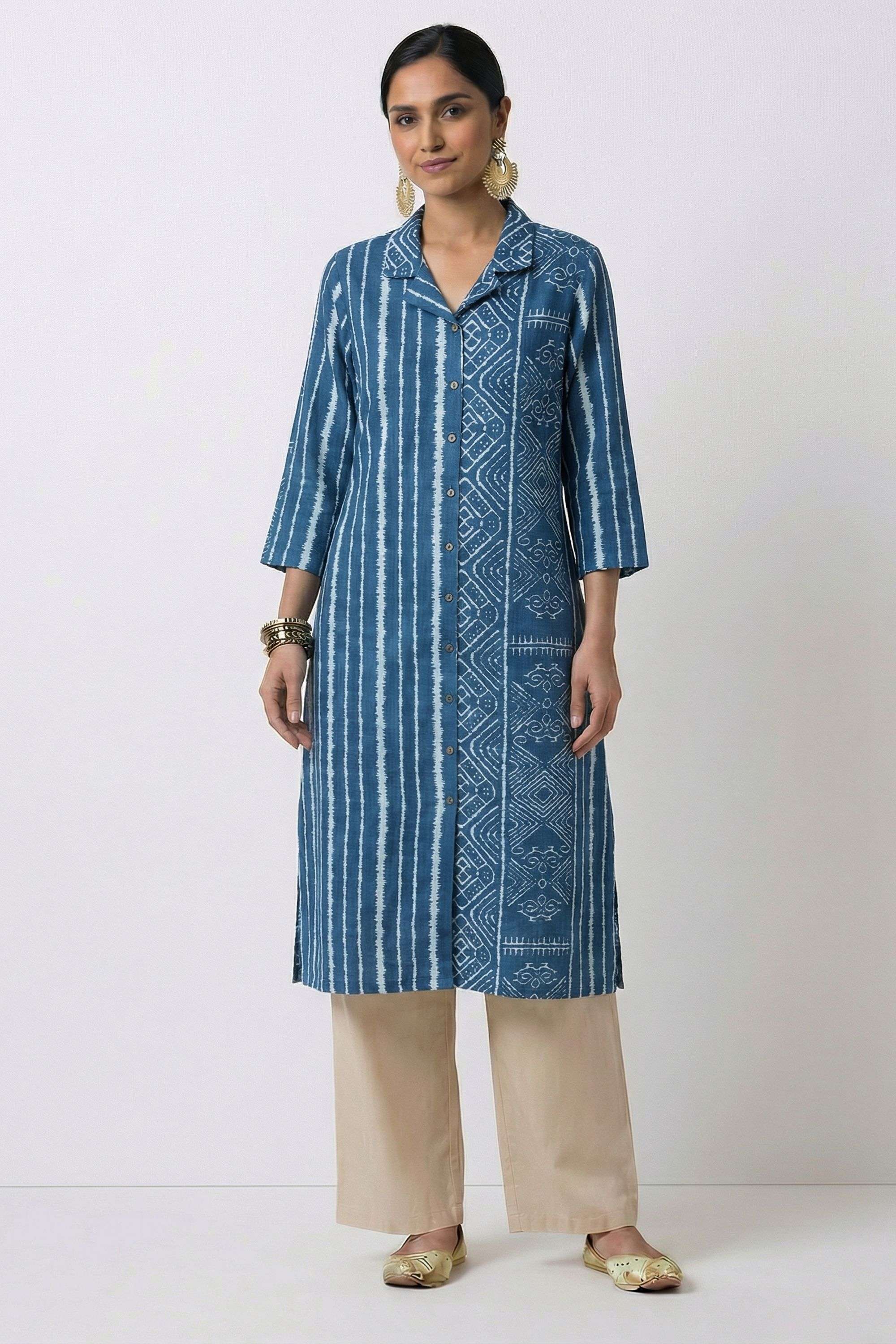 Printed-Blended-Fabric-Collared-Women-s-Casual-Wear-Kurta